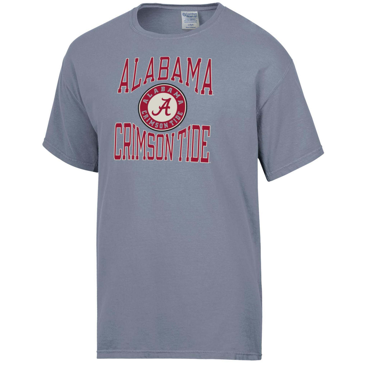 Front view of grey short sleeve Comfort Colors t-shirt with “Alabama Crimson Tide” text and crimson “A” logo in circular emblem at center.