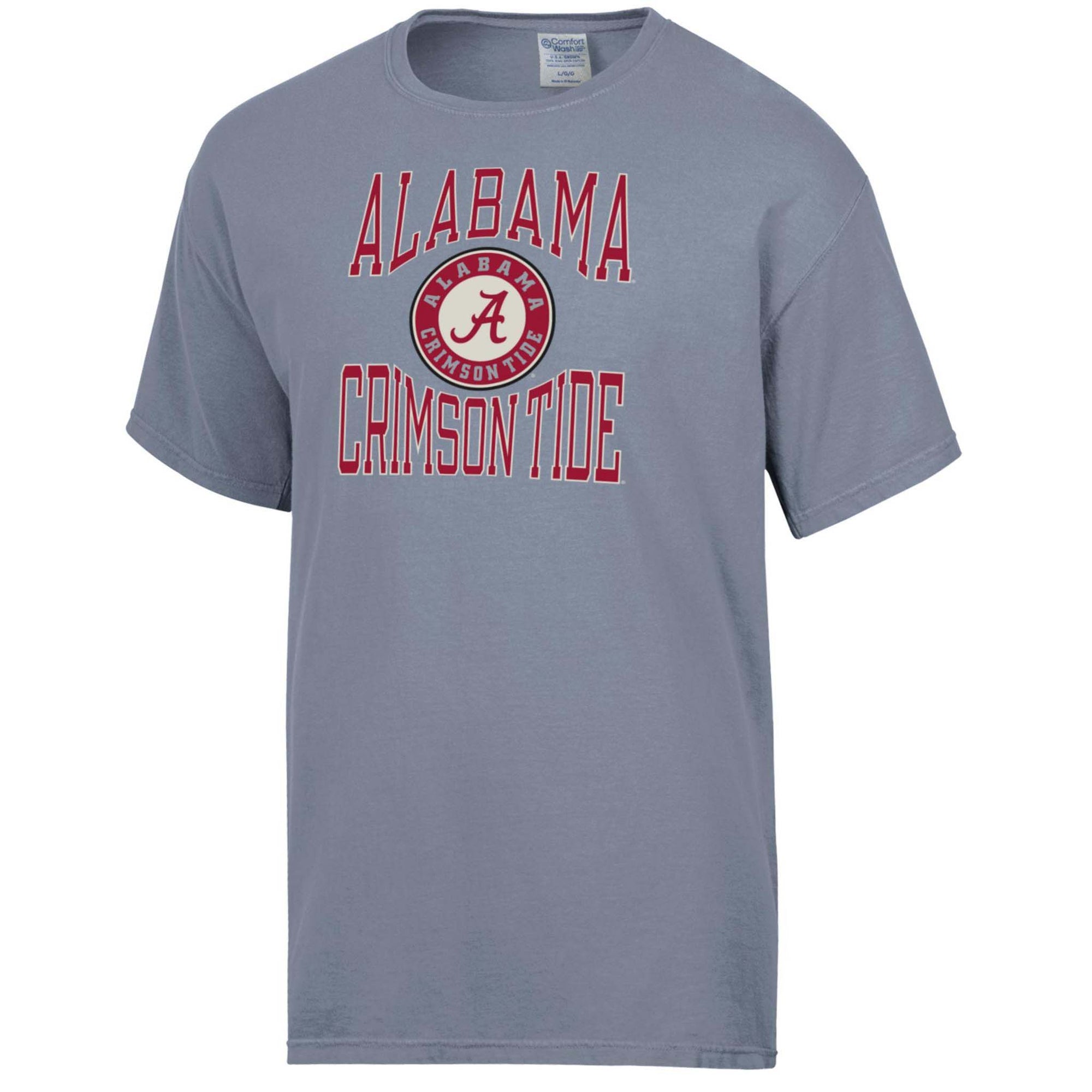 Front view of grey short sleeve Comfort Colors t-shirt with “Alabama Crimson Tide” text and crimson “A” logo in circular emblem at center.