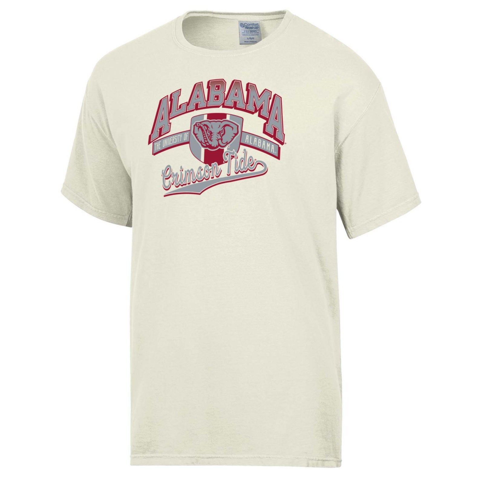 Front view of parchment Alabama Crimson Tide t-shirt with bold “Alabama” text, elephant logo, and “Crimson Tide” script.