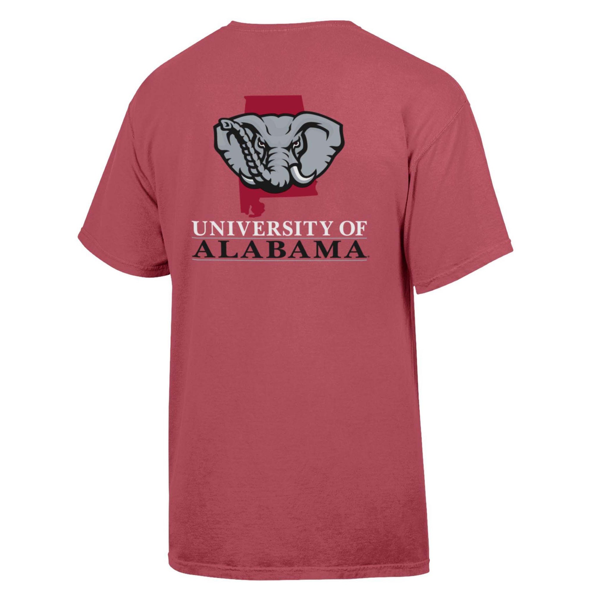 Back view of crimson red Alabama Crimson Tide t-shirt with elephant mascot and “University of Alabama” lettering.