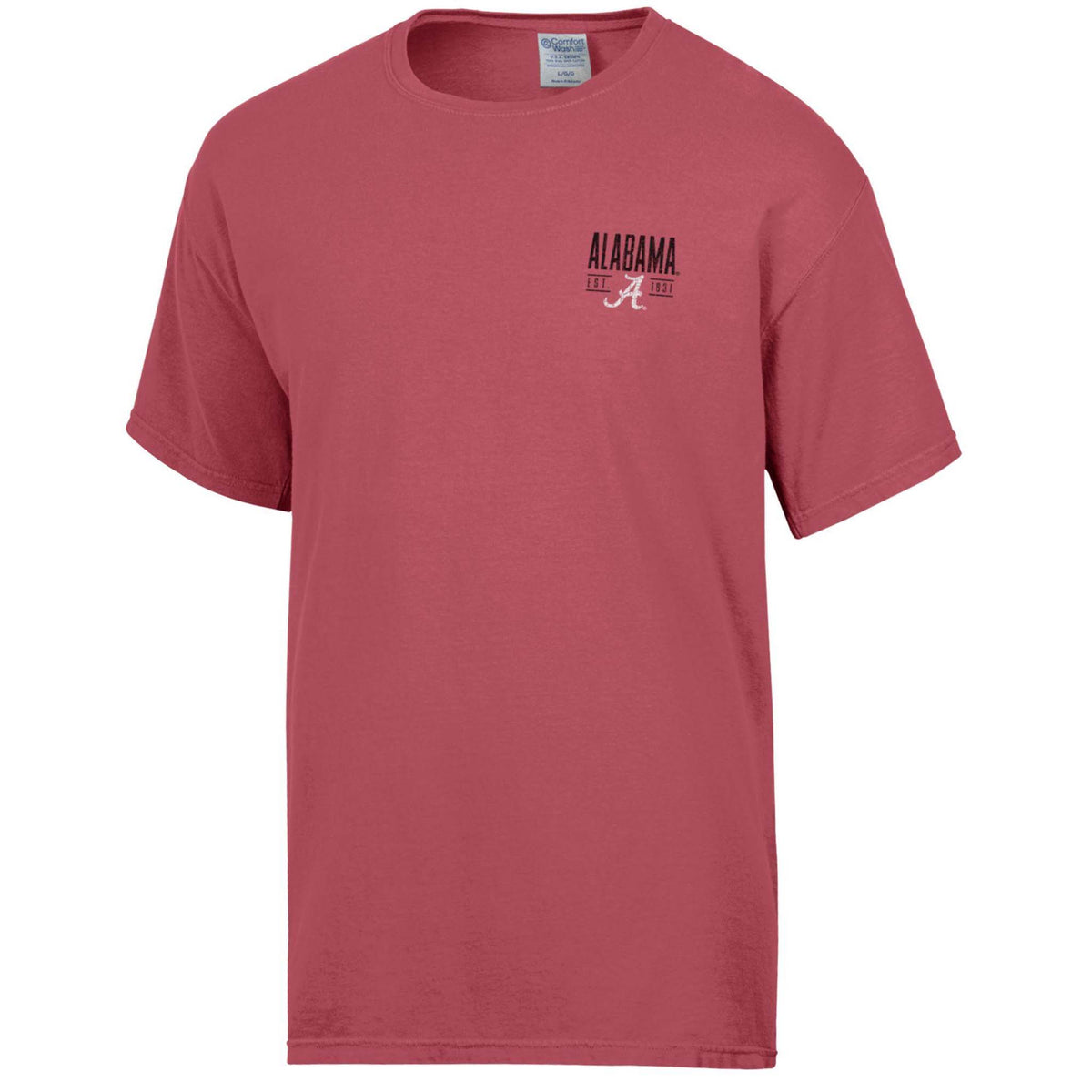 Front view of crimson red short sleeve Comfort Colors t-shirt with small Alabama “A” logo and “Alabama Est. 1831” text on chest.