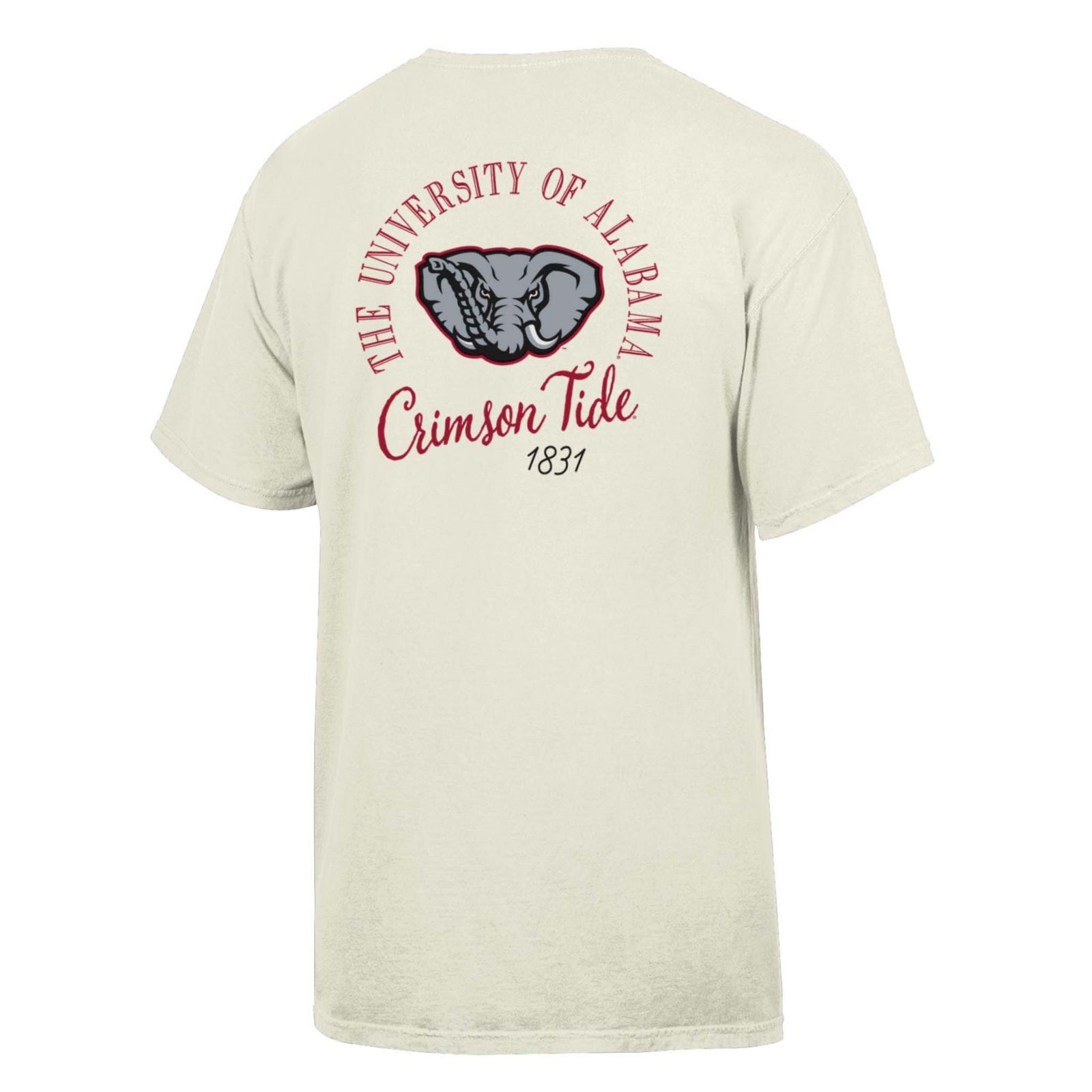 Back of parchment-colored short sleeve t-shirt with large elephant logo, "The University of Alabama Crimson Tide 1831" text.