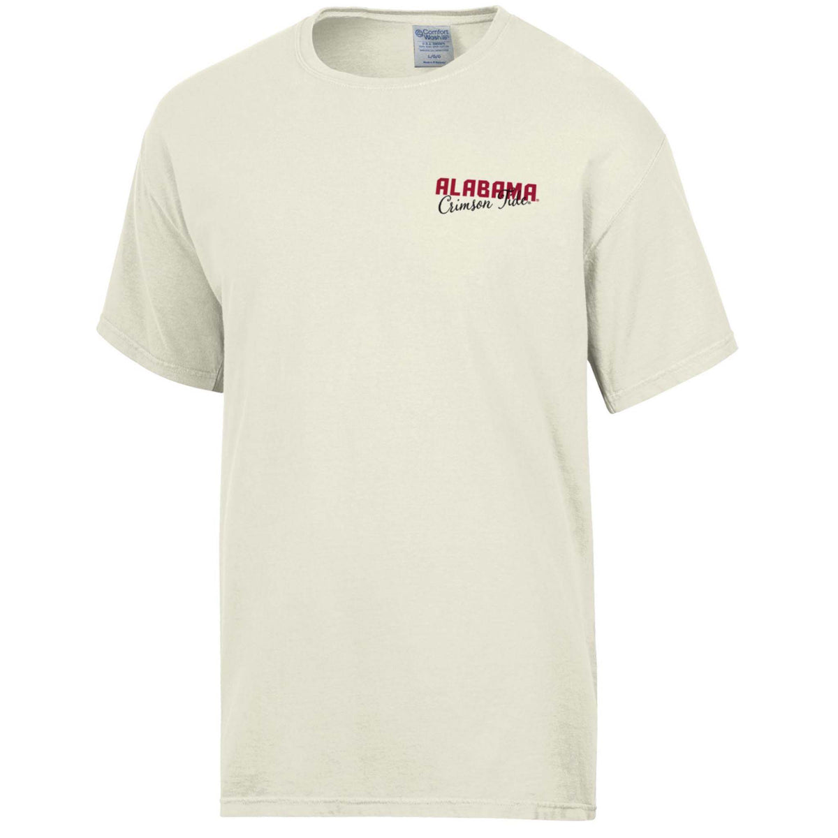 Front of parchment-colored short sleeve t-shirt with small "Alabama Crimson Tide" text on left chest.