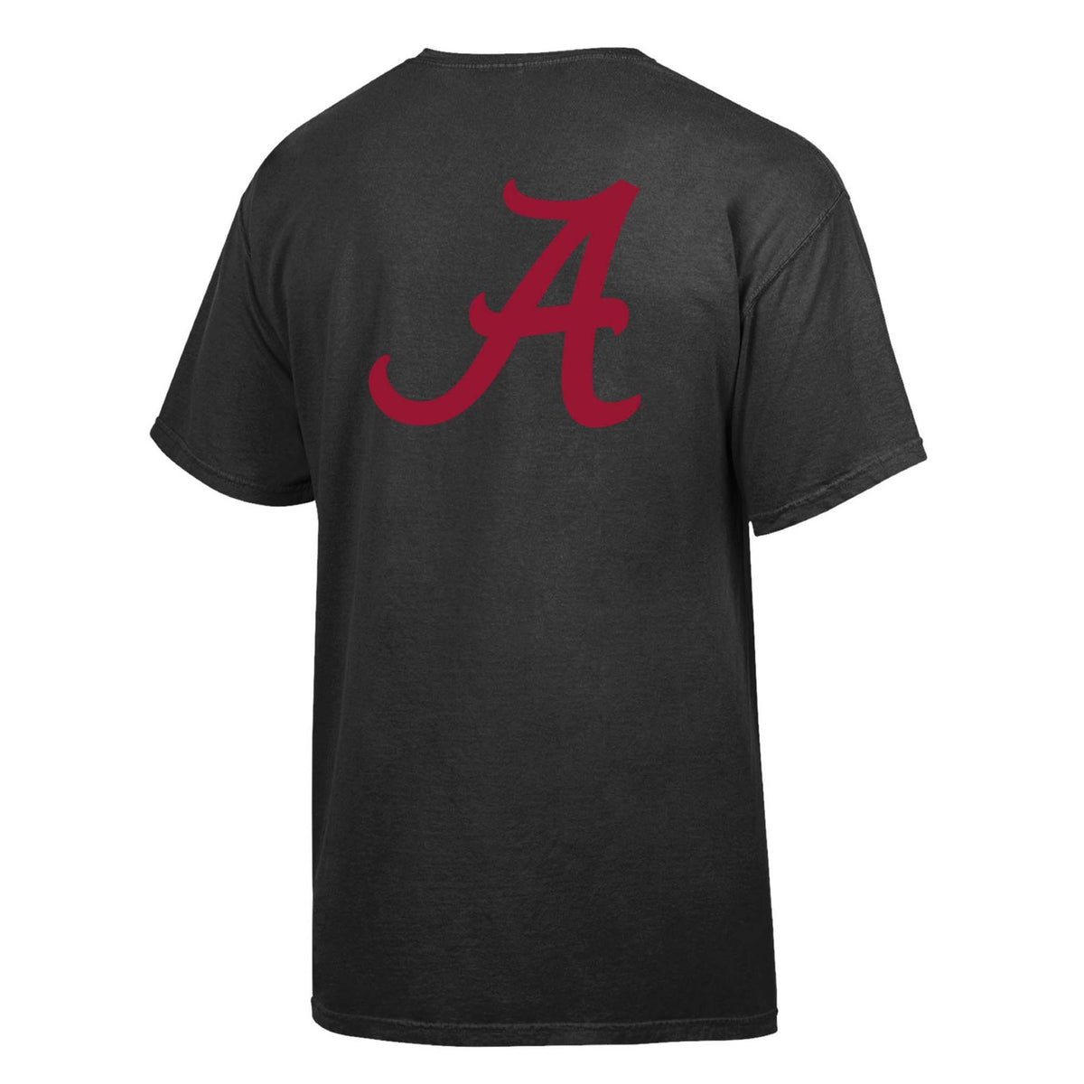 Back view of black short-sleeve T-shirt with large crimson Alabama “A” logo centered.