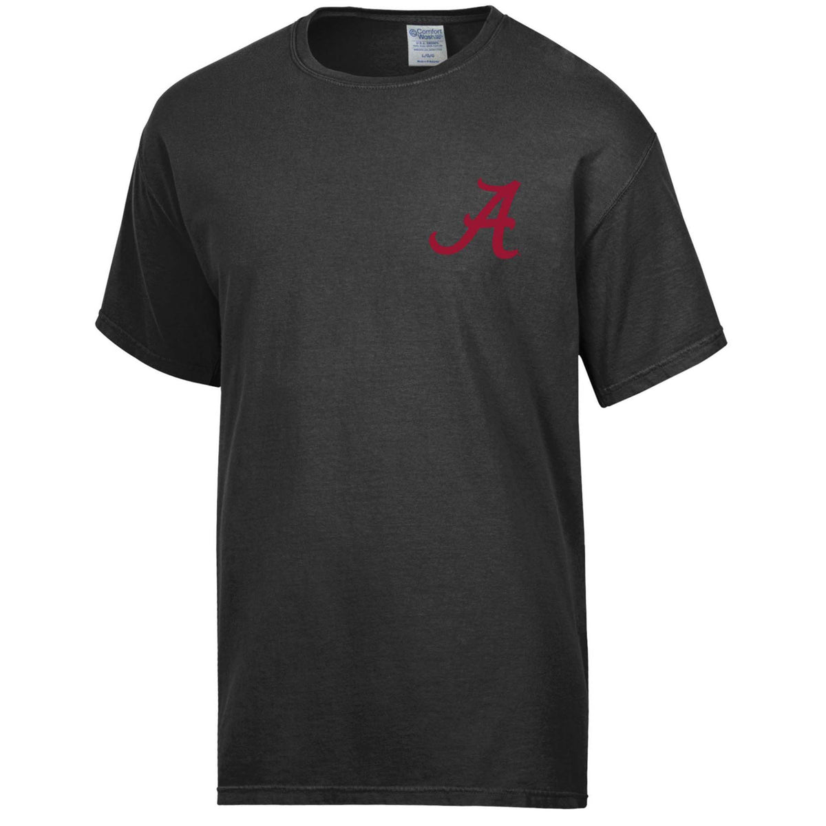 Front view of black short-sleeve T-shirt with crimson Alabama “A” logo on left chest.