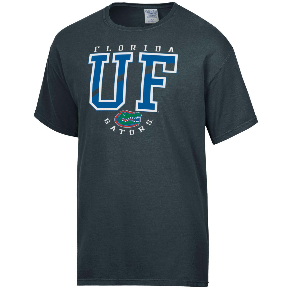 Florida Gators charcoal short sleeve t-shirt with large blue “UF” lettering and gator logo on front.
