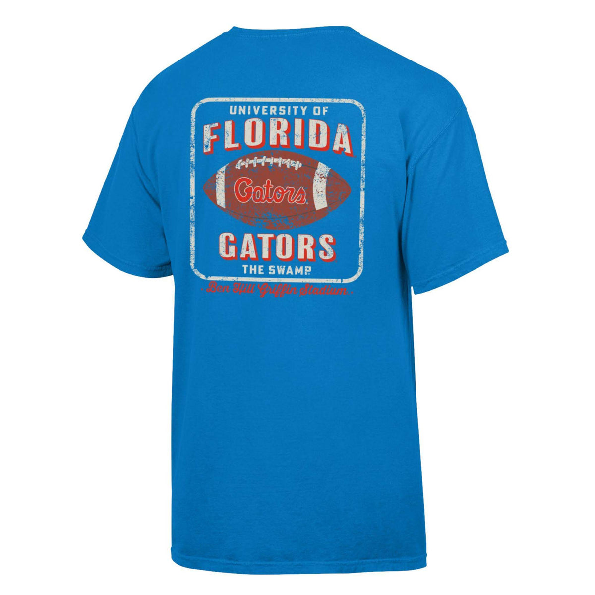 Summer Sky Blue short sleeve t-shirt with small front “F Florida Football” logo and large back graphic of a football with “University of Florida Gators The Swamp” text.