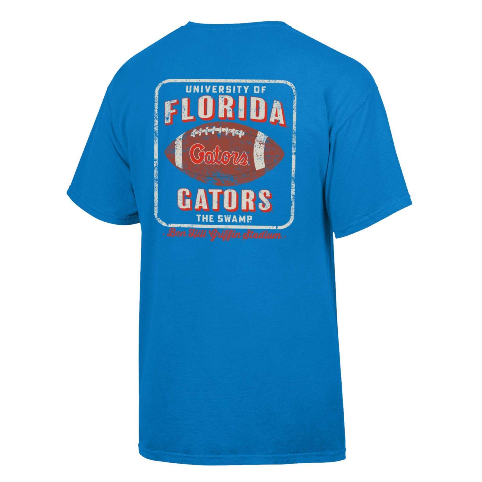 Summer Sky Blue short sleeve t-shirt with small front “F Florida Football” logo and large back graphic of a football with “University of Florida Gators The Swamp” text.