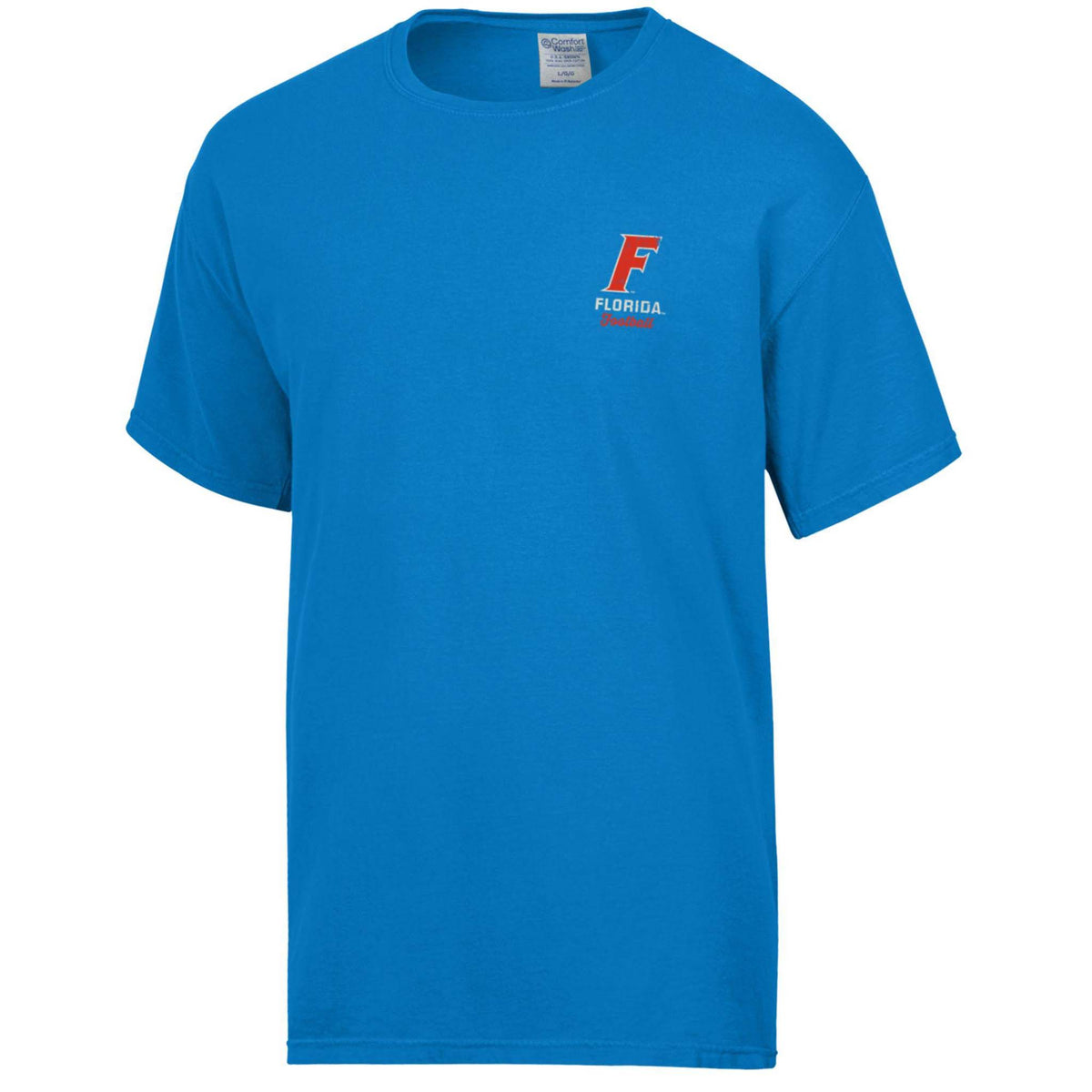 Summer Sky Blue short sleeve t-shirt with small front “F Florida Football” logo and large back graphic of a football with “University of Florida Gators The Swamp” text.