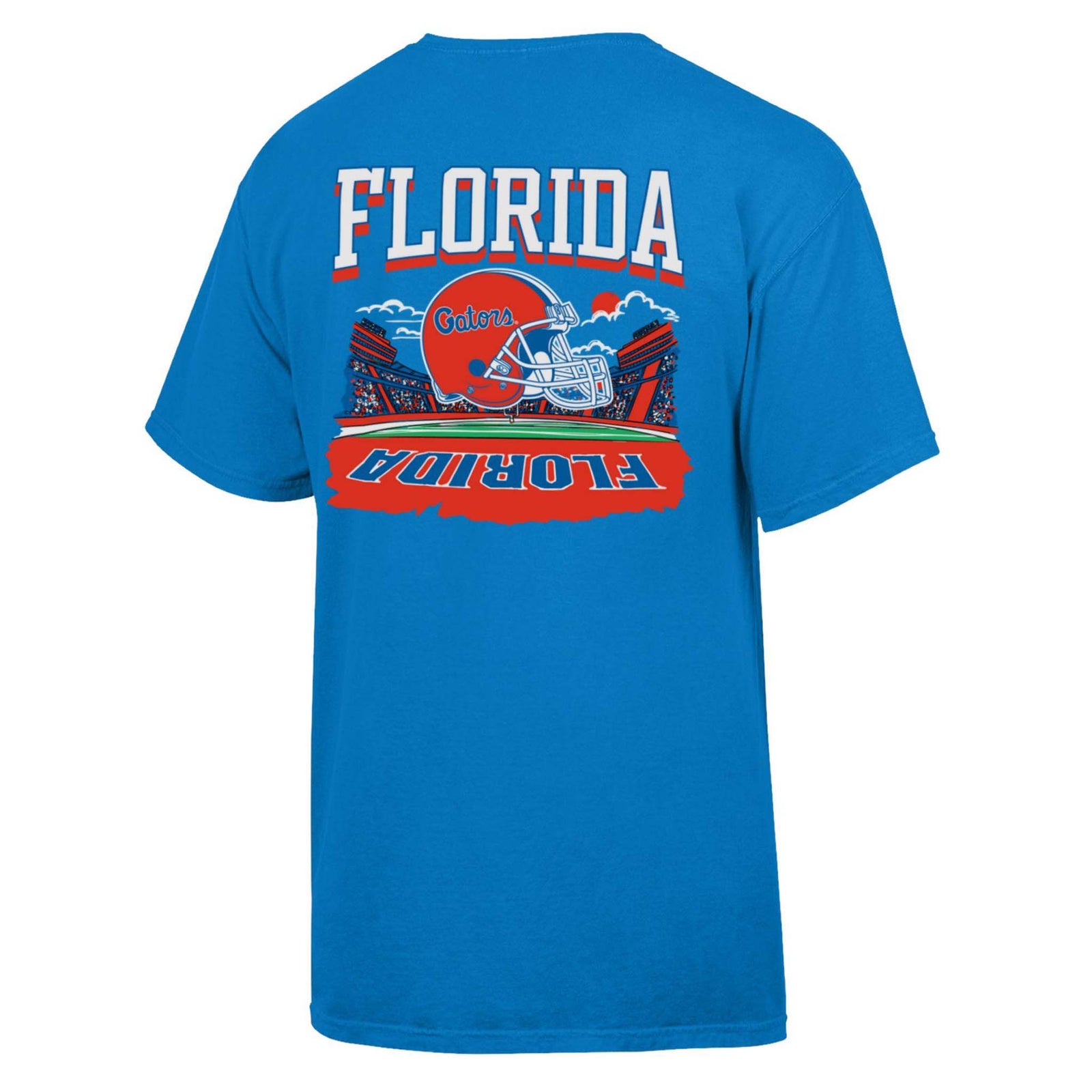 Back view of summer sky blue Florida Gators t-shirt with football helmet and stadium graphic, “Florida” text.
