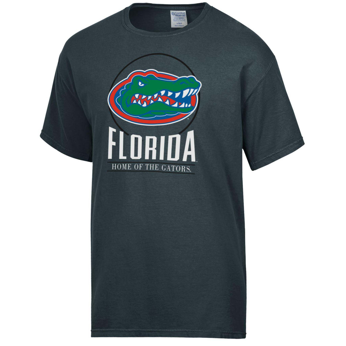 Charcoal short-sleeve T-shirt with large University of Florida Gators logo and “Home of the Gators” text on the front.