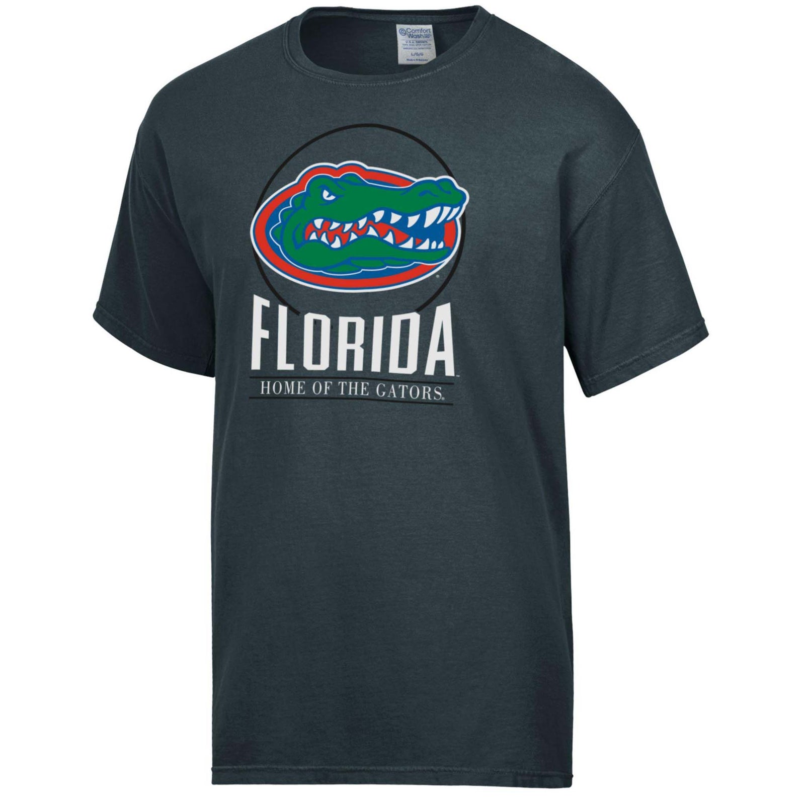 Charcoal short-sleeve T-shirt with large University of Florida Gators logo and “Home of the Gators” text on the front.