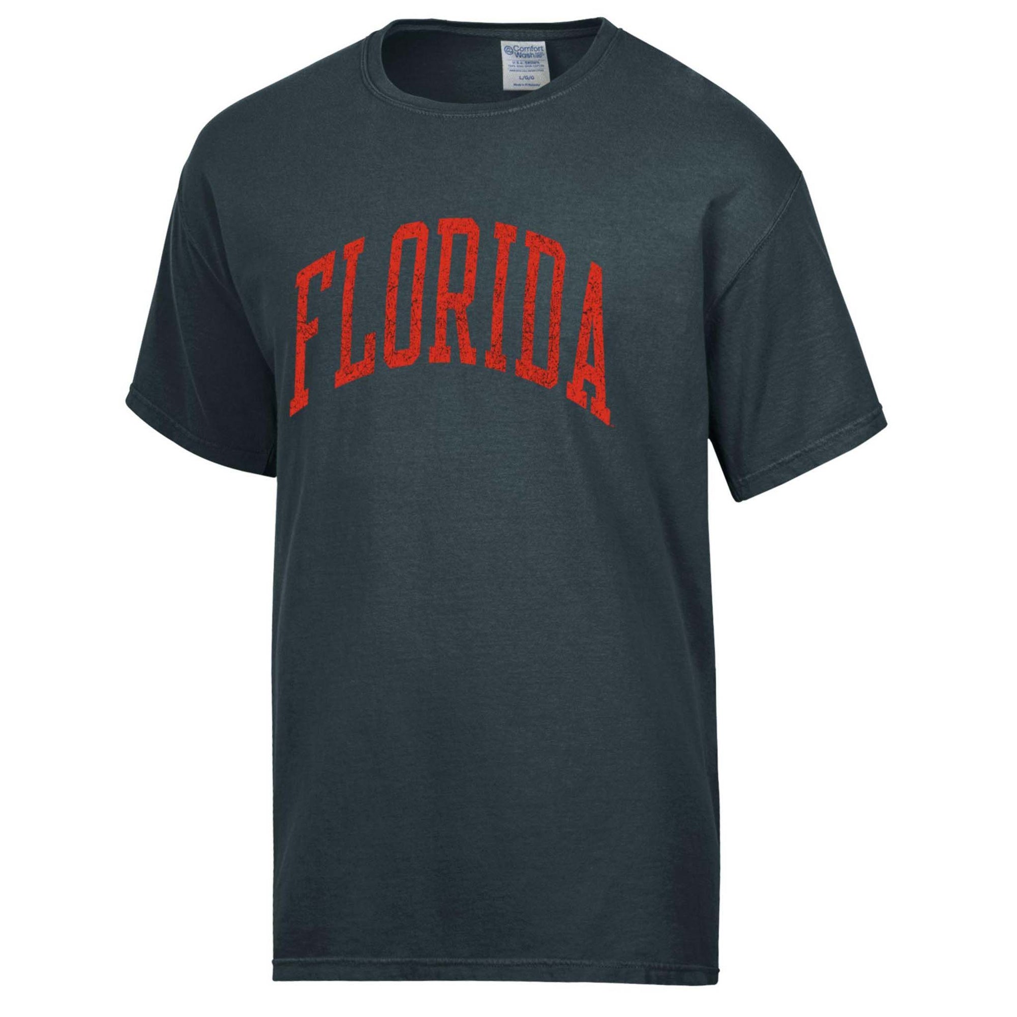 Front view of charcoal Florida Gators t-shirt with bold arched red “Florida” lettering.