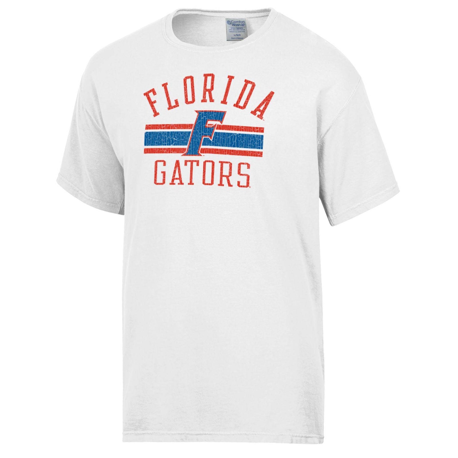 Front view of white Florida Gators t-shirt with bold, distressed orange “Florida Gators” text and blue block “F” logo across chest.