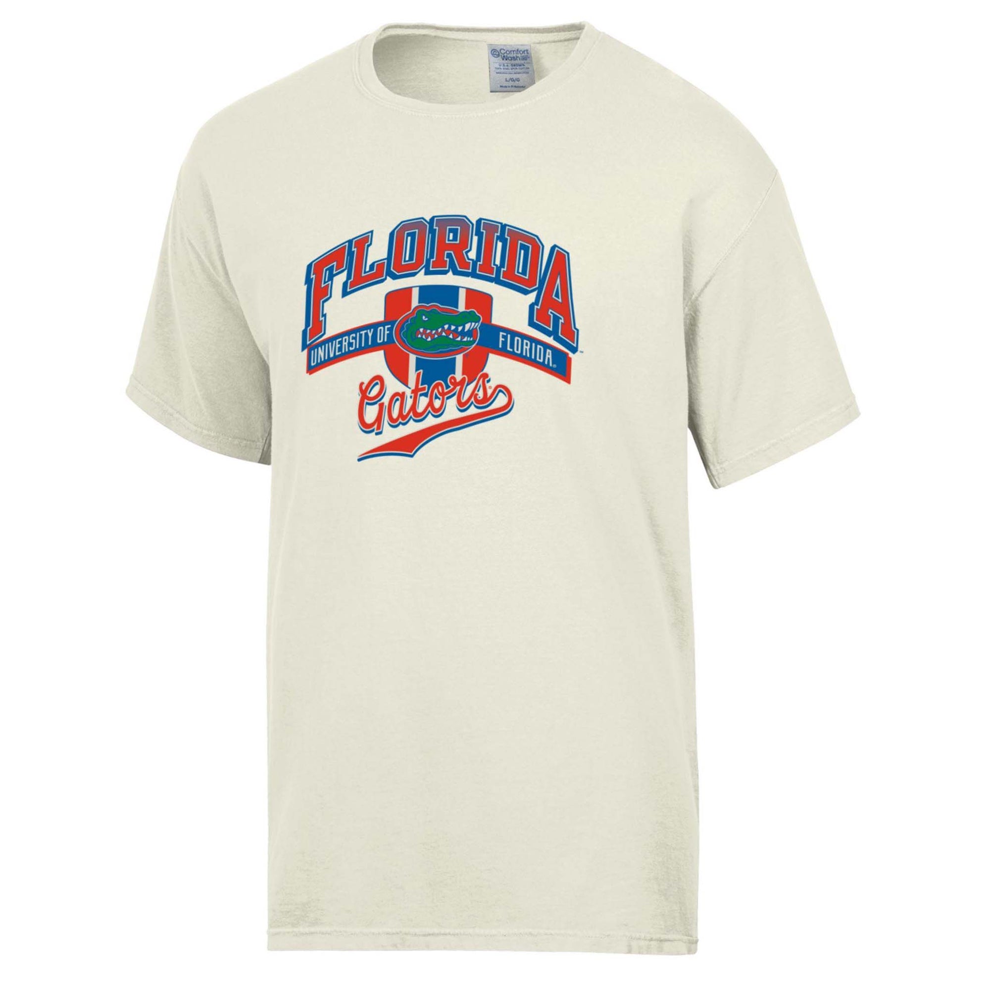Florida Gators beige short sleeve t-shirt with large front chest collegiate graphic.