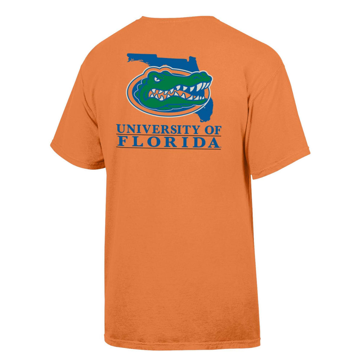 Back view of orange University of Florida t-shirt with Gators logo over state outline and “University of Florida” text.