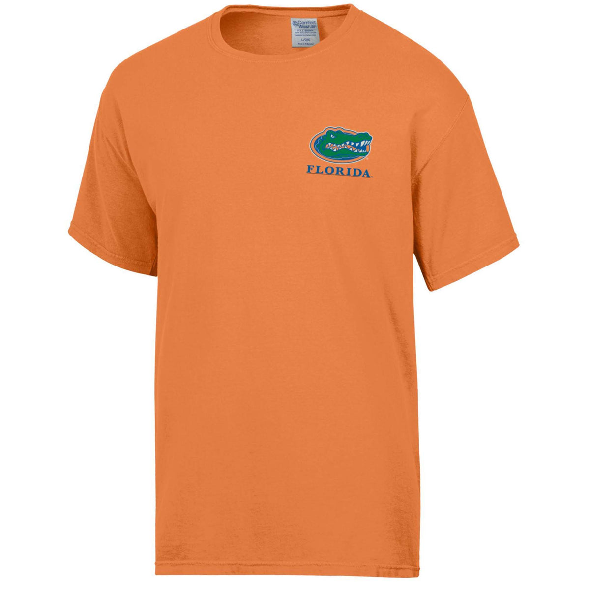 Front view of orange University of Florida t-shirt with small Gators logo and “Florida” text on left chest.