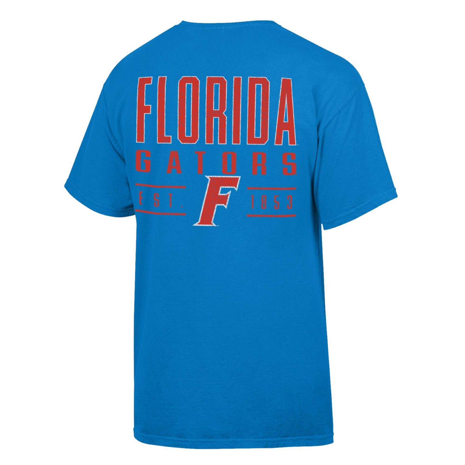Florida Gators blue short sleeve t-shirt with small red and blue “F” logo on front left chest and large “Florida Gators” graphic with “F” logo and established date on back.