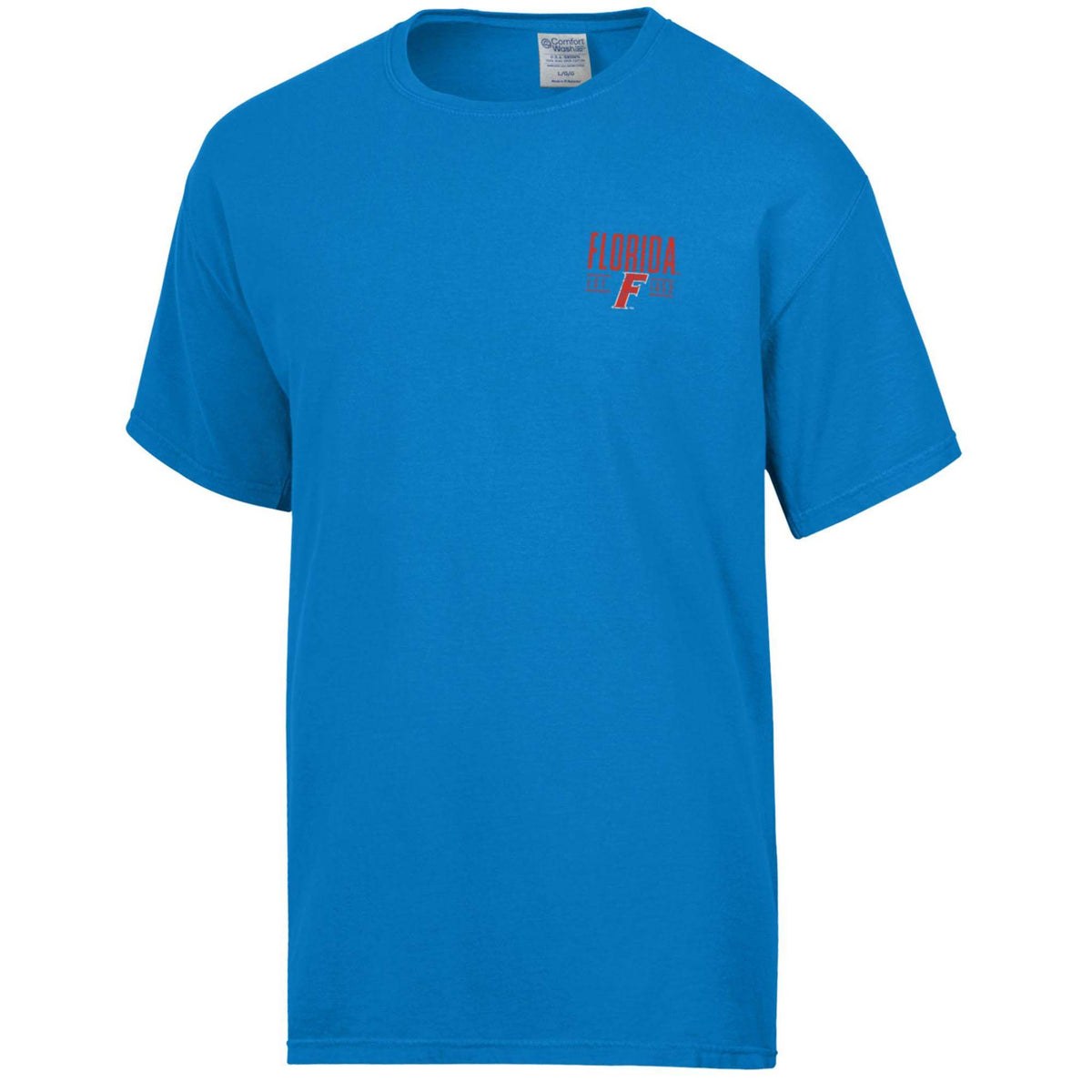 Florida Gators blue short sleeve t-shirt with small red and blue “F” logo on front left chest and large “Florida Gators” graphic with “F” logo and established date on back.