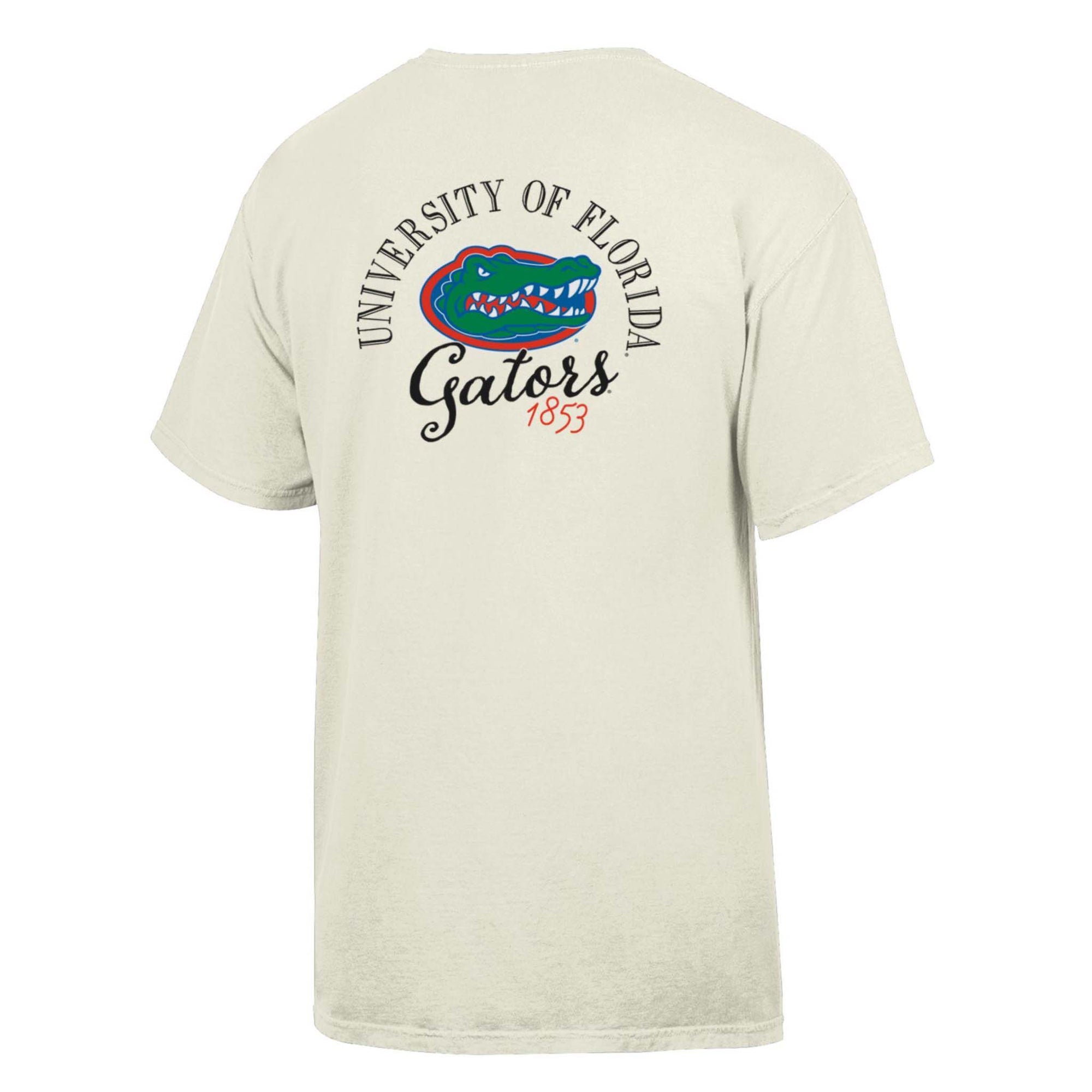 Back view of parchment-colored short-sleeve T-shirt with large retro Florida Gators logo and “University of Florida Gators 1853” text.