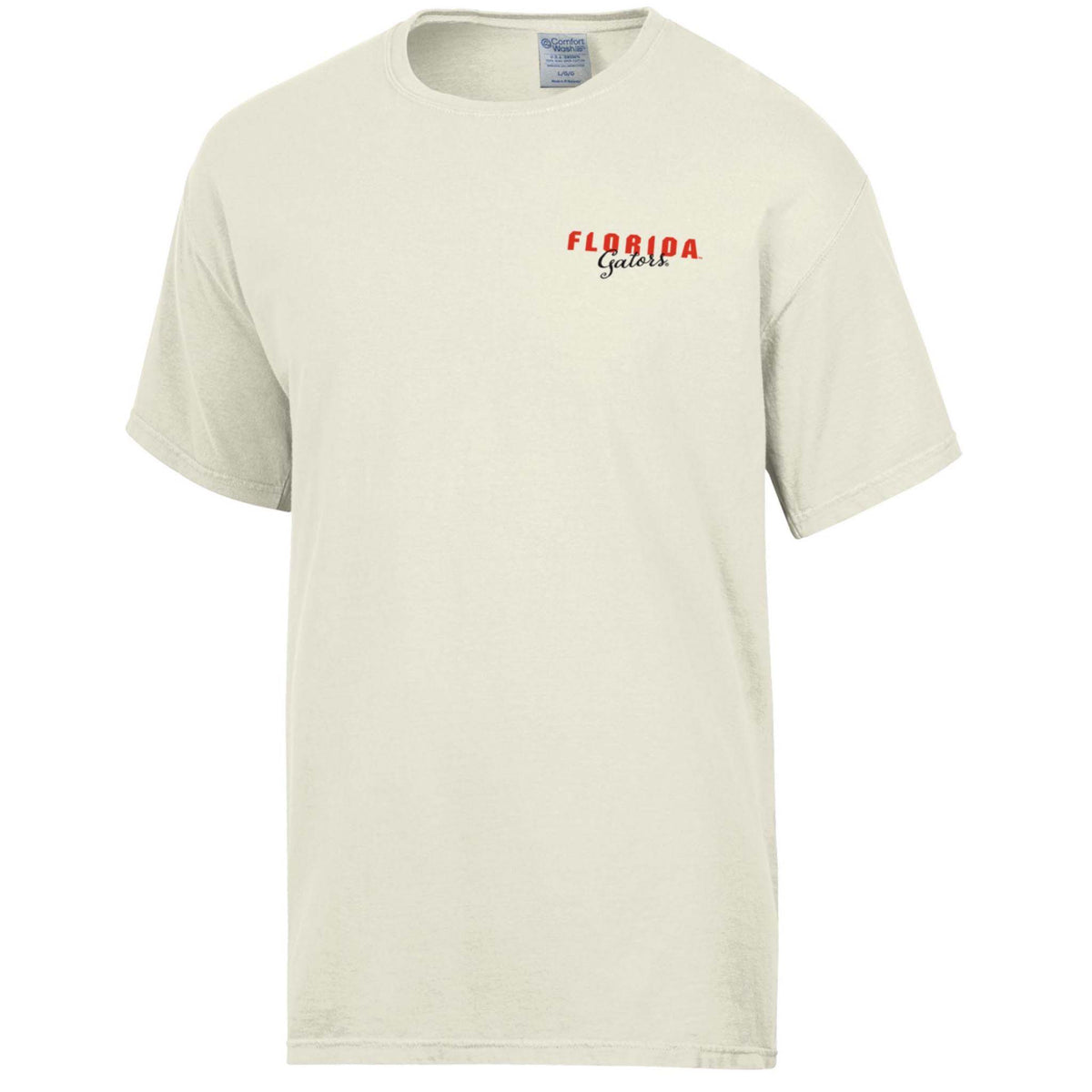 Front view of parchment-colored short-sleeve T-shirt with small “Florida Gators” text in red and black on left chest.