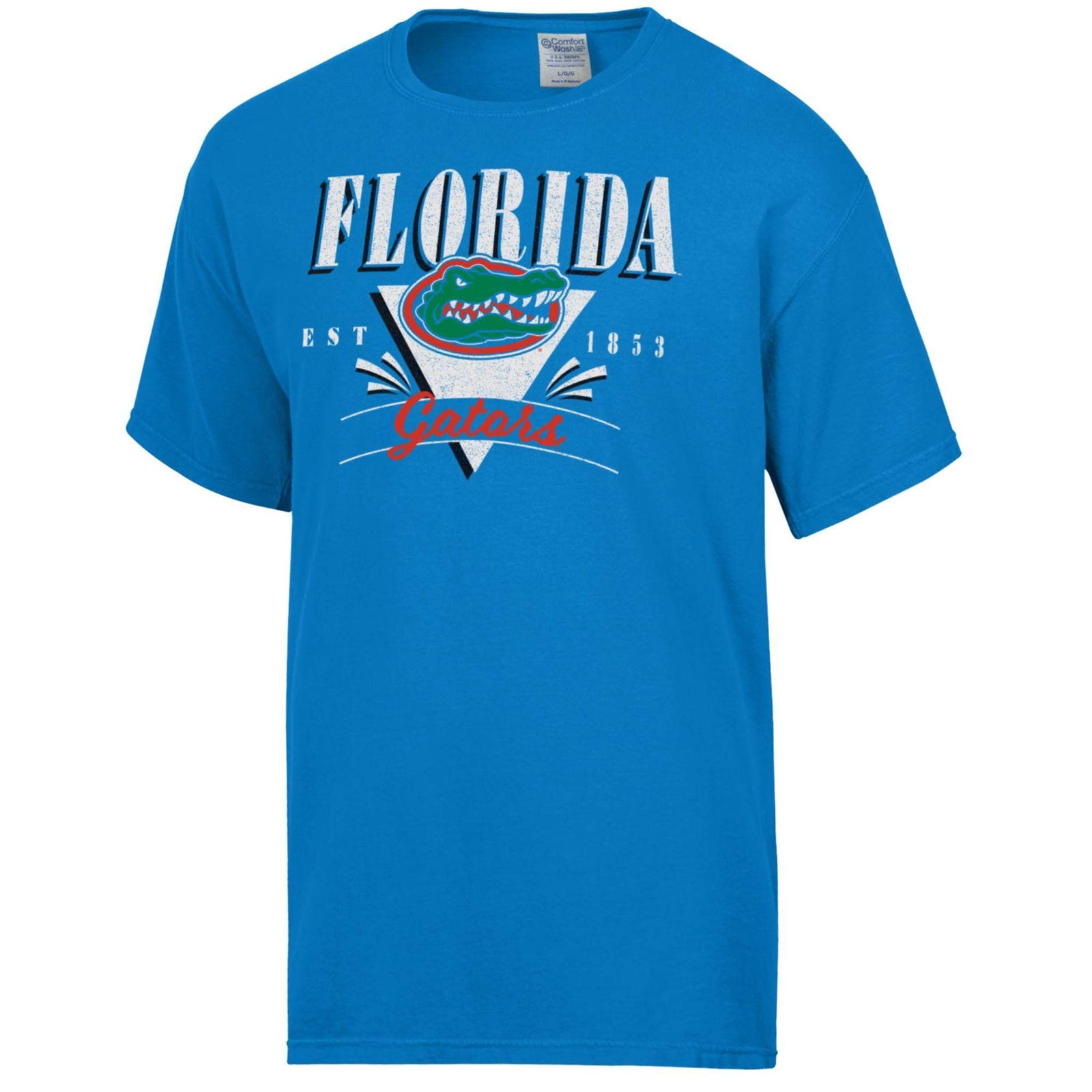 Front view of summer sky blue short-sleeve T-shirt with large “Florida Gators” text, Gators logo inside triangle graphic, and “Est. 1853” detail.