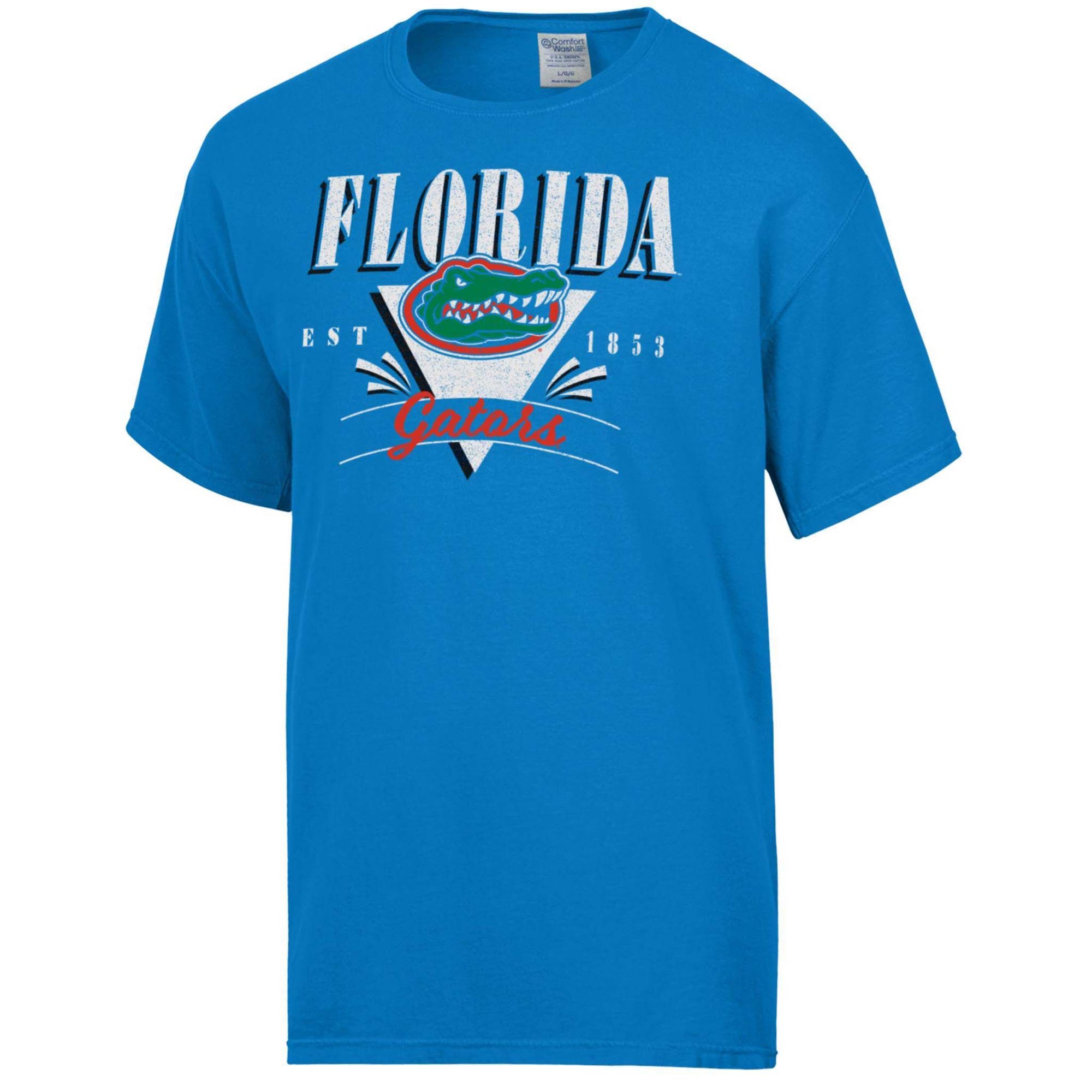Front view of summer sky blue short-sleeve T-shirt with large “Florida Gators” text, Gators logo inside triangle graphic, and “Est. 1853” detail.