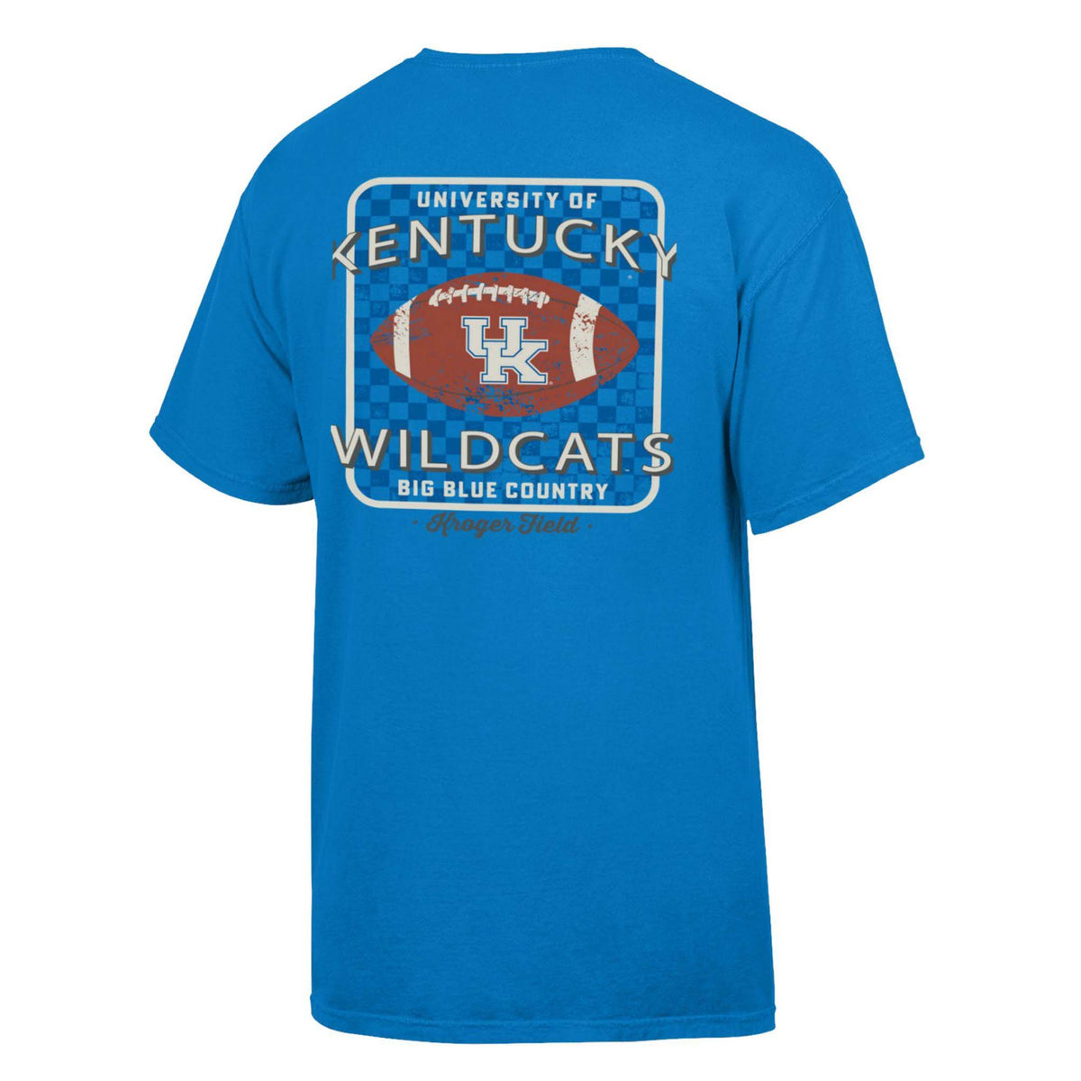Blue Kentucky Wildcats football t-shirt with large football graphic, checkerboard background, and “Big Blue Country” text.