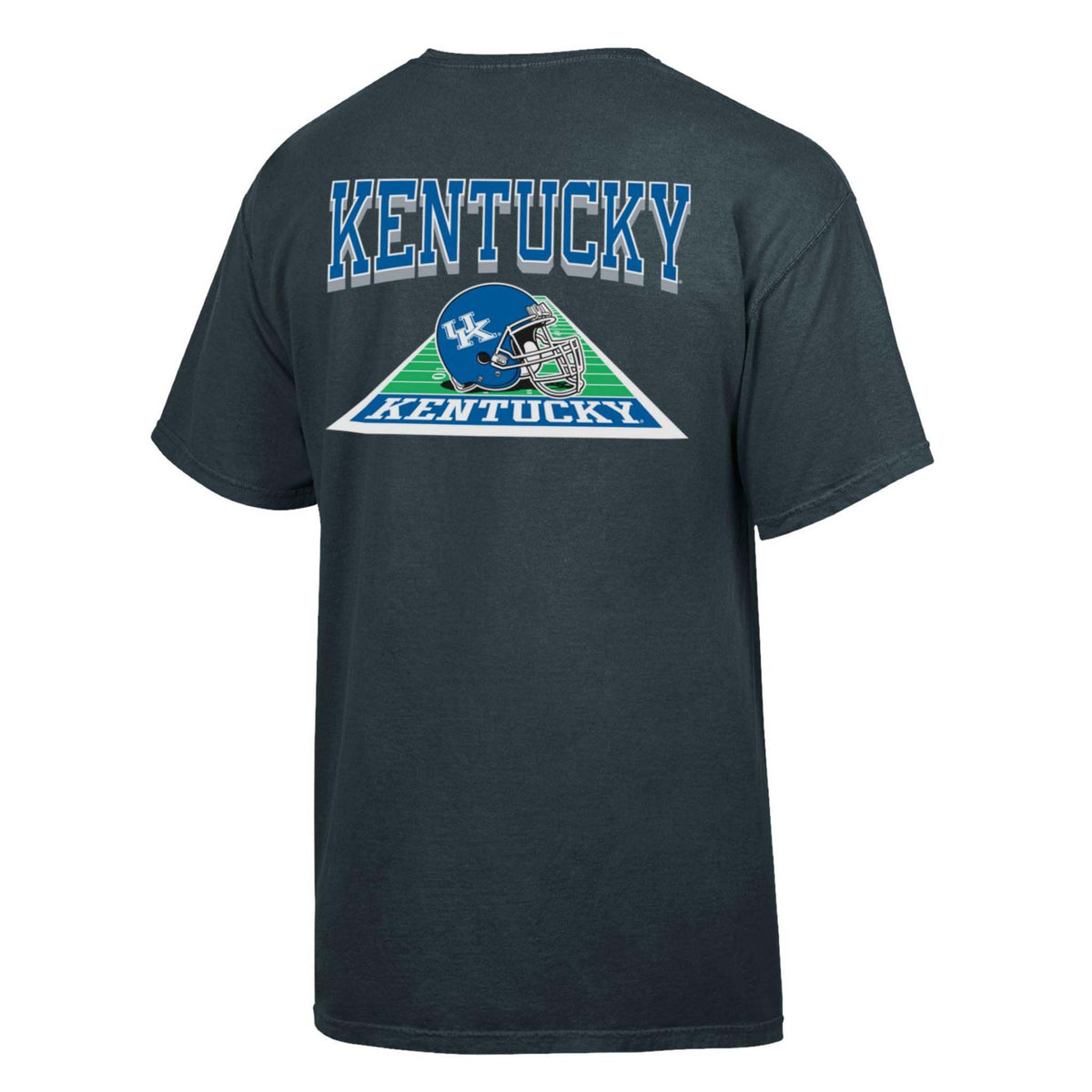 Kentucky Wildcats black short sleeve t-shirt with large blue football helmet graphic, “Kentucky” text, and football field design on the back.