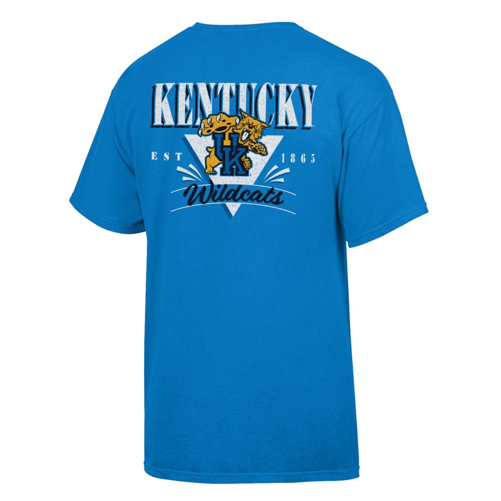 Summer blue short sleeve tee with large “Kentucky Wildcats” text, UK Wildcat mascot, football field graphic, and “EST 1865” details.