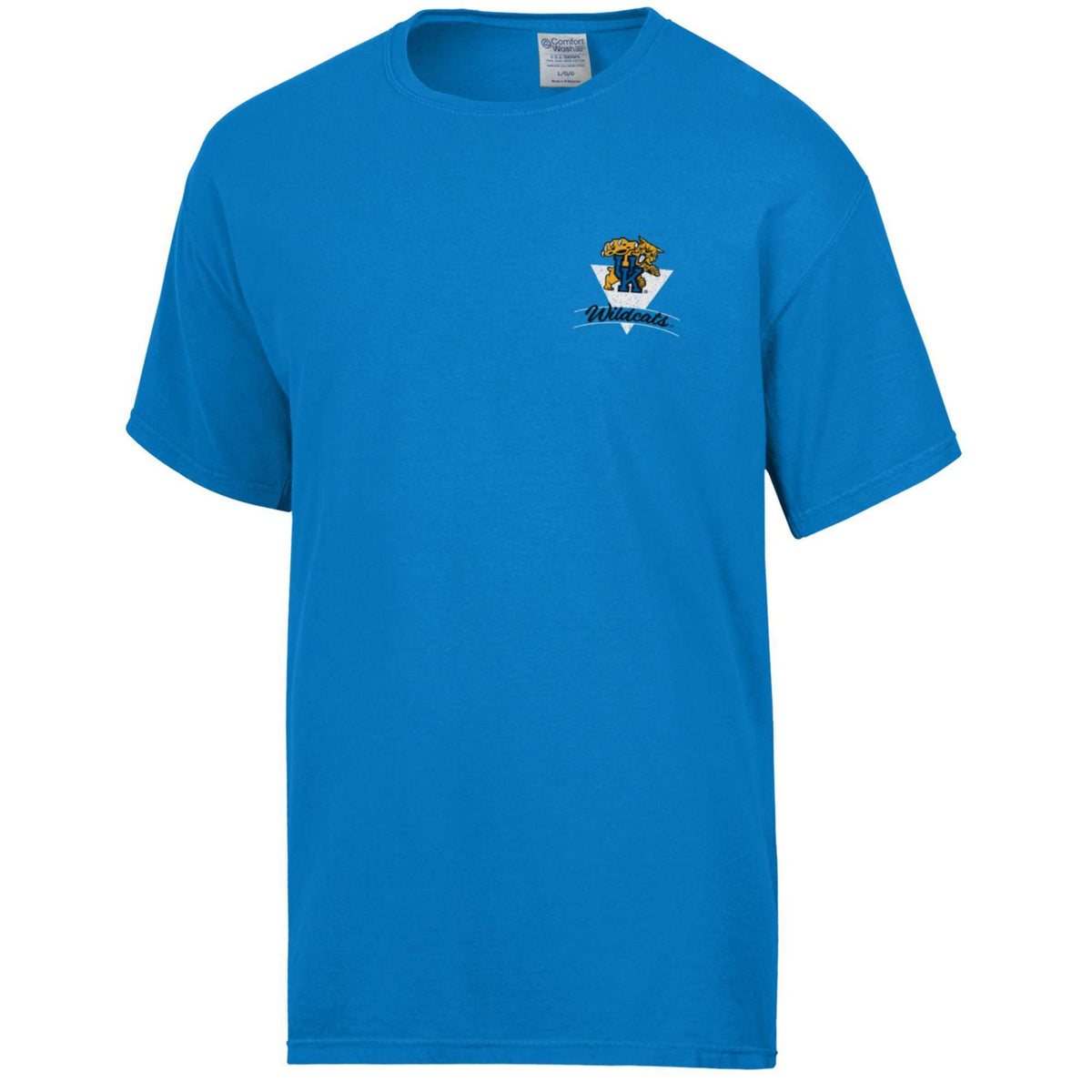 Summer blue short sleeve tee with small UK Wildcats mascot and logo on left chest.