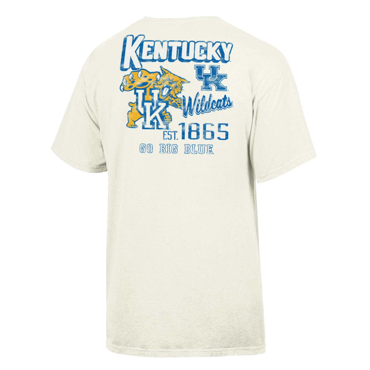 Cream Kentucky Wildcats t-shirt with large mascot graphic, “Est. 1865” and “Go Big Blue” text.