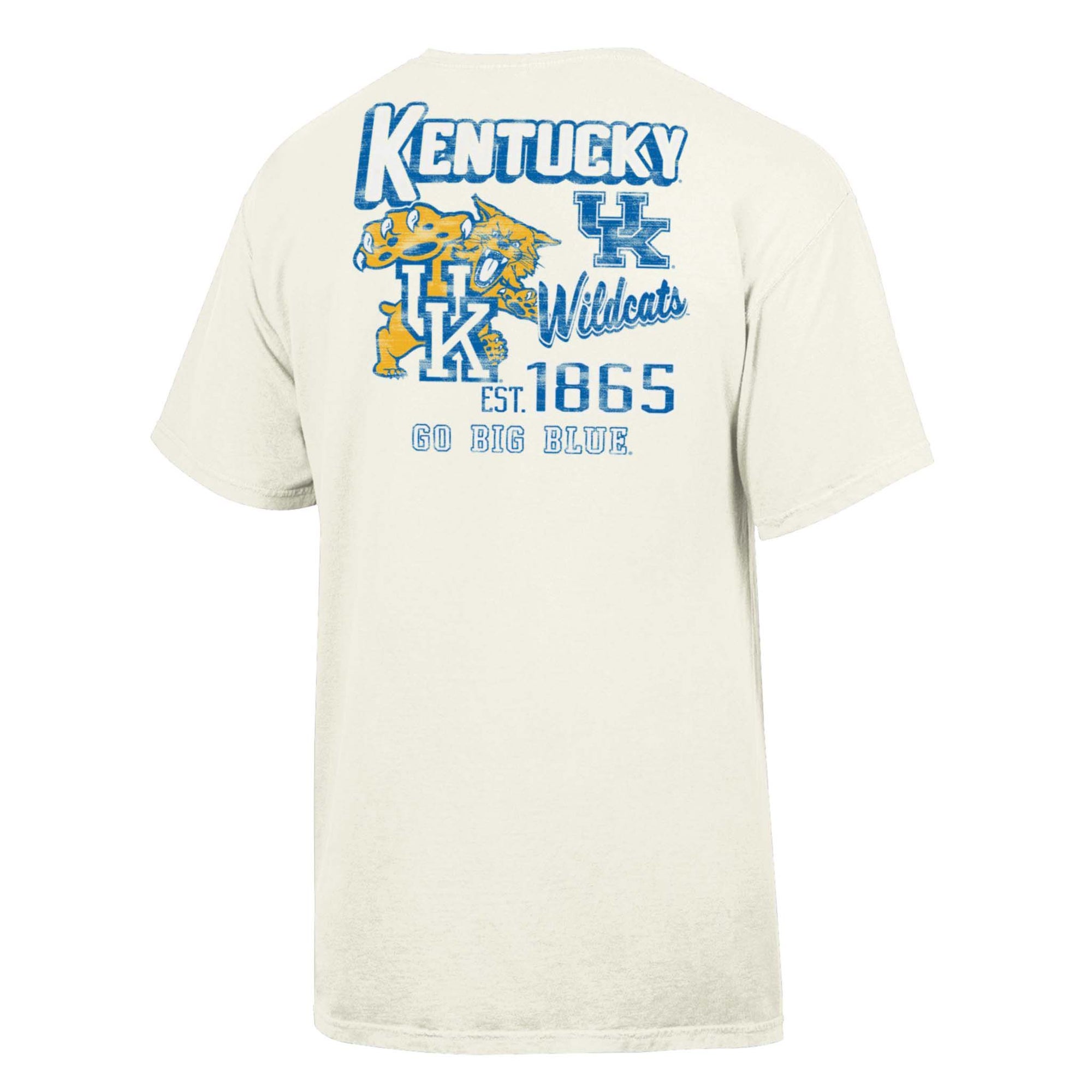 Cream Kentucky Wildcats t-shirt with large mascot graphic, “Est. 1865” and “Go Big Blue” text.