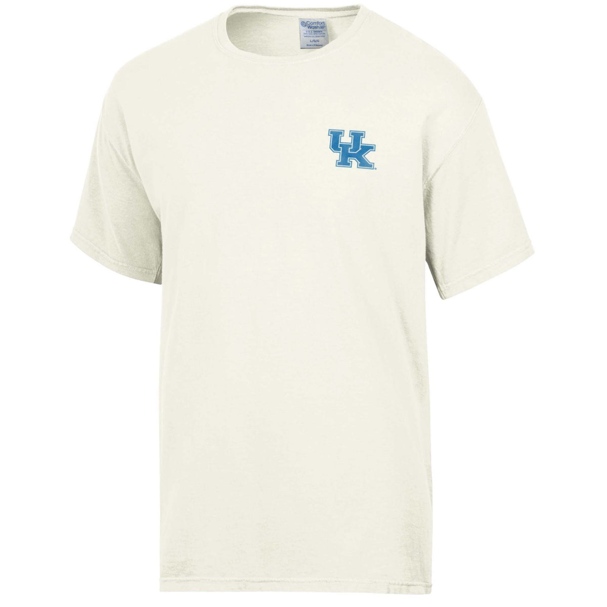 Cream Kentucky Wildcats t-shirt with small blue UK logo on left chest.