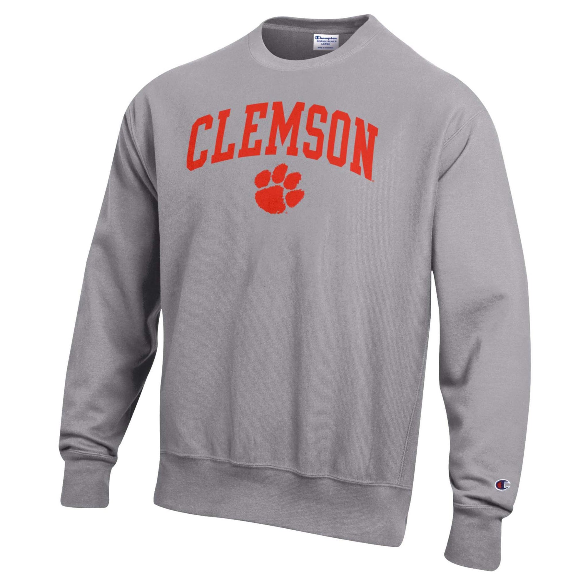 Gray Clemson crewneck sweatshirt with orange “Clemson” text and paw logo on front, Champion logo on sleeve.