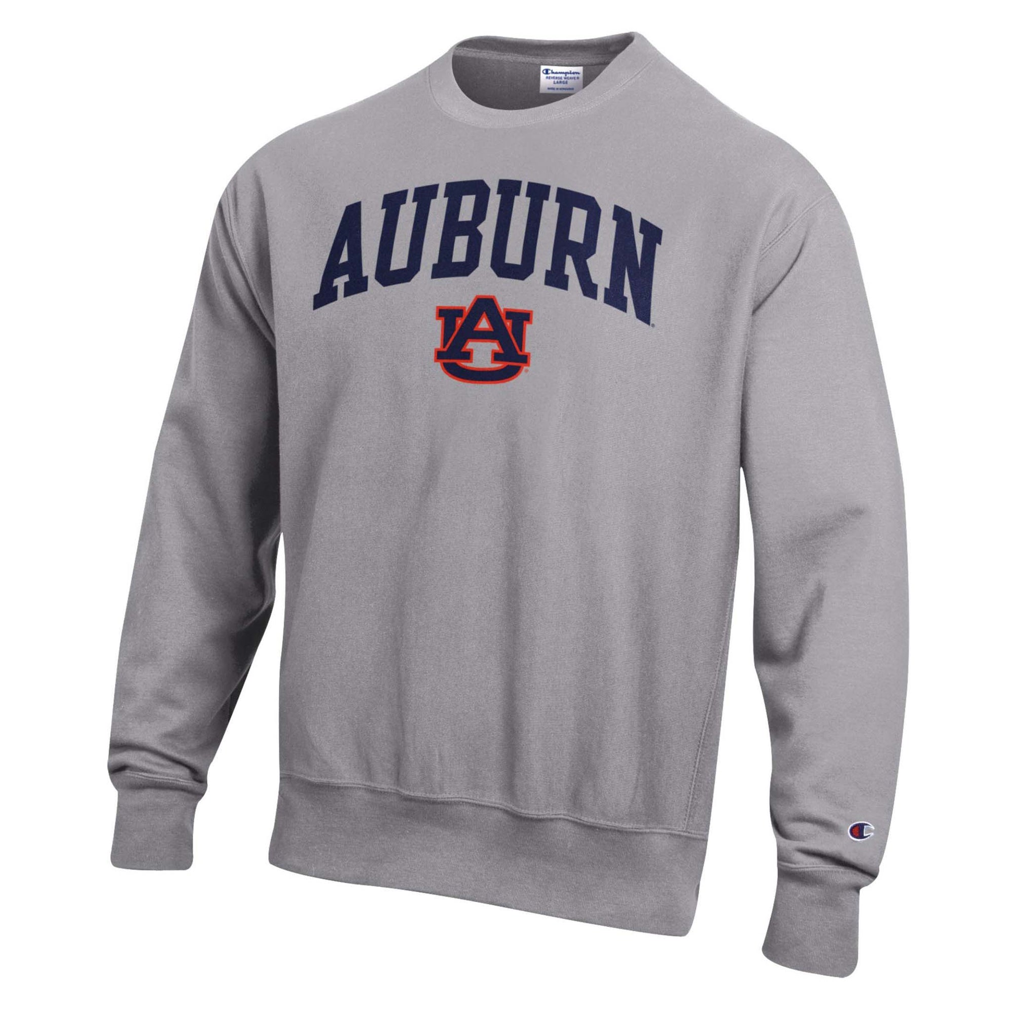 Gray Auburn crewneck sweatshirt with navy “Auburn” text and orange AU logo on front, Champion logo on sleeve.