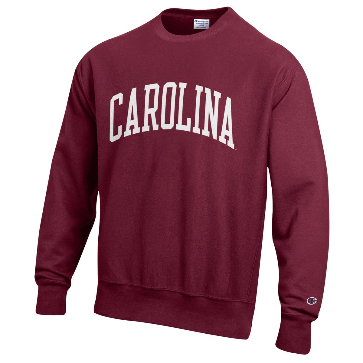 Maroon sweatshirt with 'CAROLINA' text on a white background