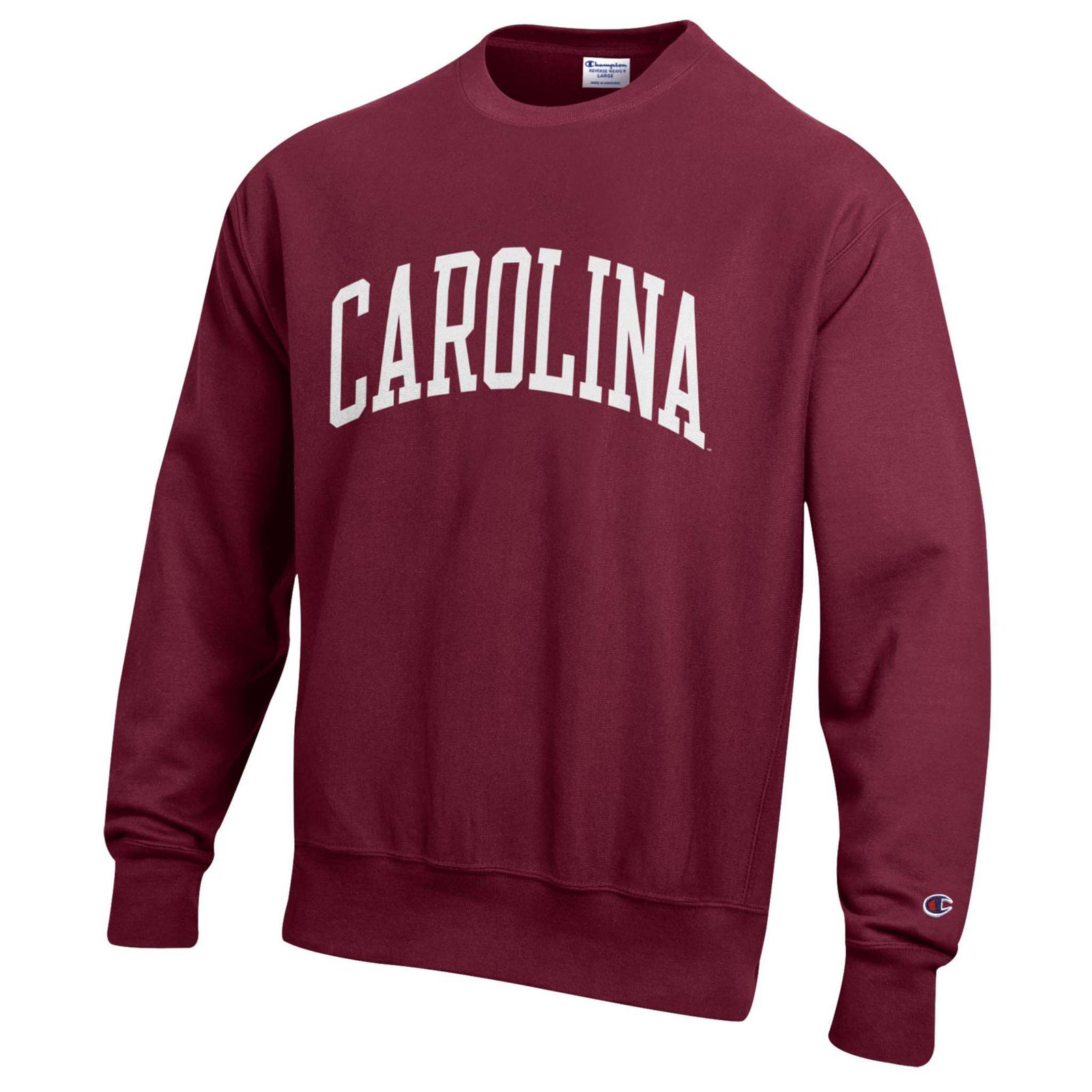 Maroon sweatshirt with 'CAROLINA' text on a white background