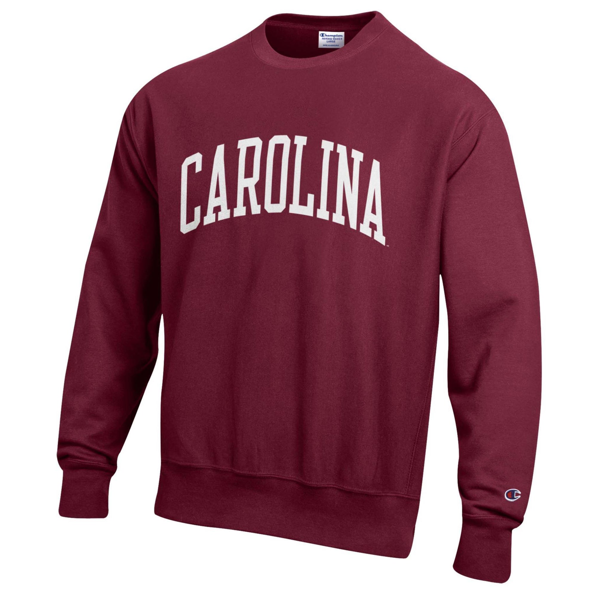 Maroon sweatshirt with 'CAROLINA' text on a white background