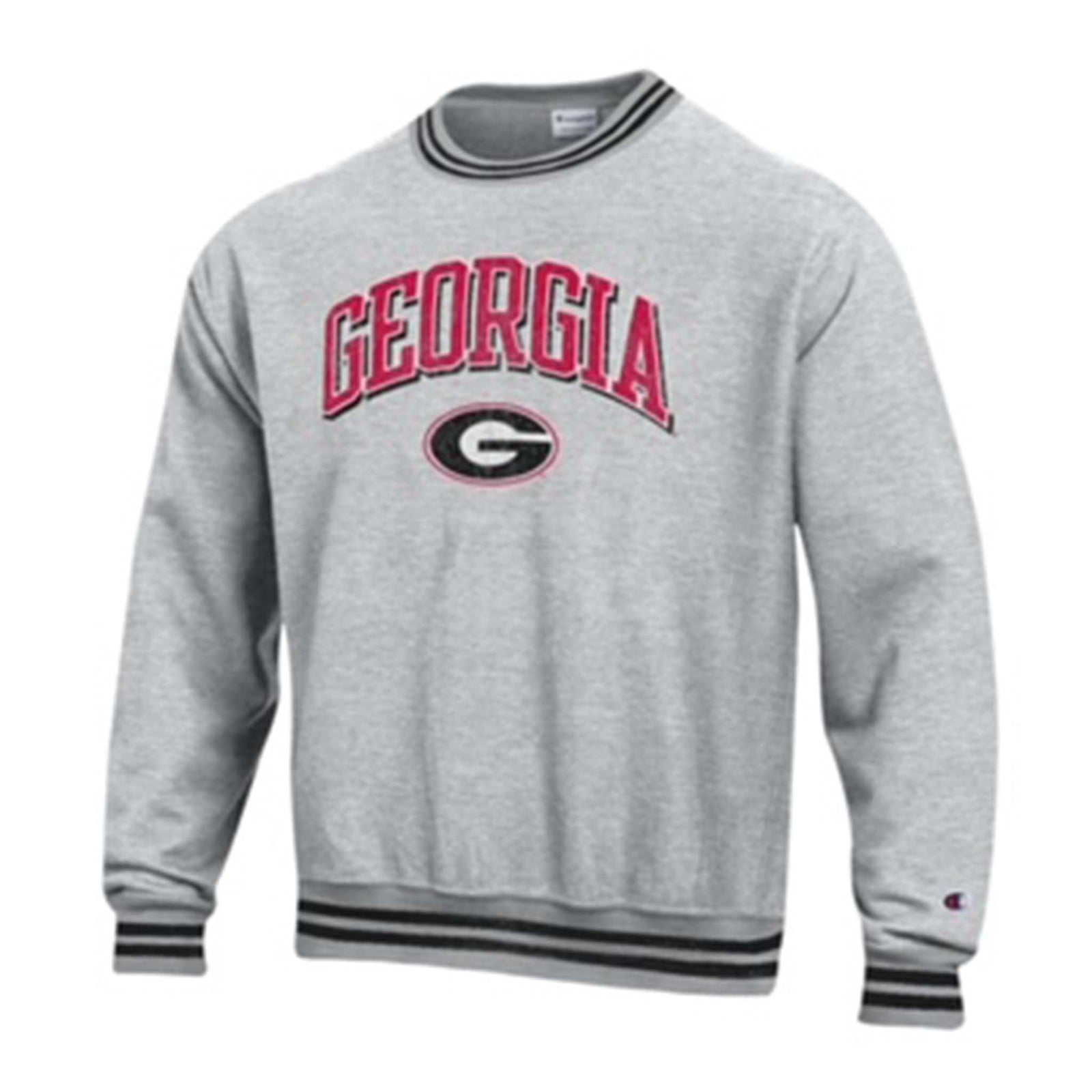 Gray Georgia crewneck sweatshirt with red “Georgia” text and black “G” logo, striped collar and cuffs, Champion logo on sleeve.