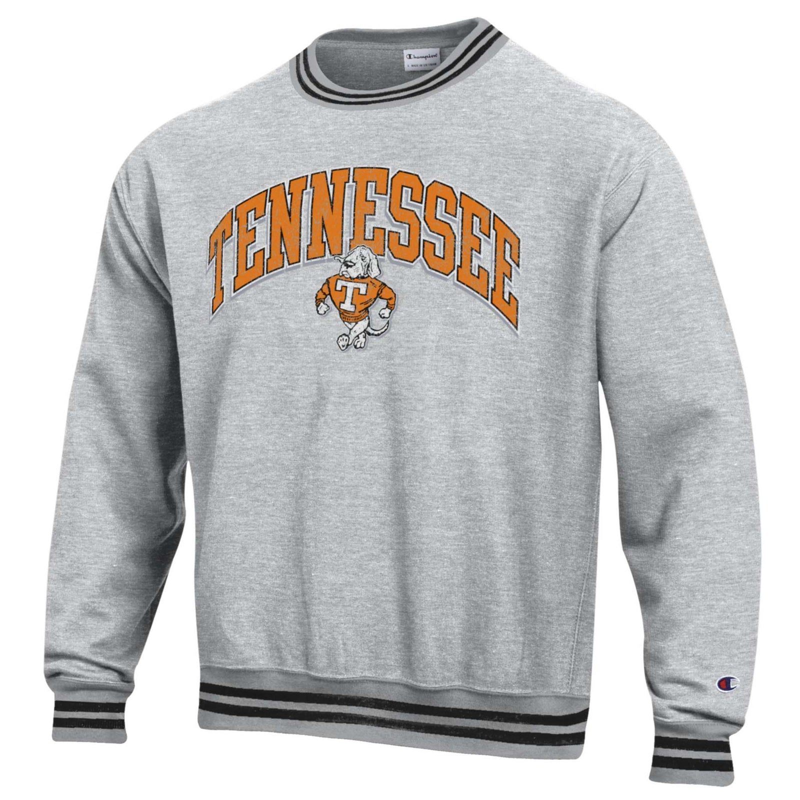 Champion Tennessee Volunteers grey crewneck with arched Tennessee text, Smokey mascot graphic, and striped ribbed trim on collar, cuffs, and hem.