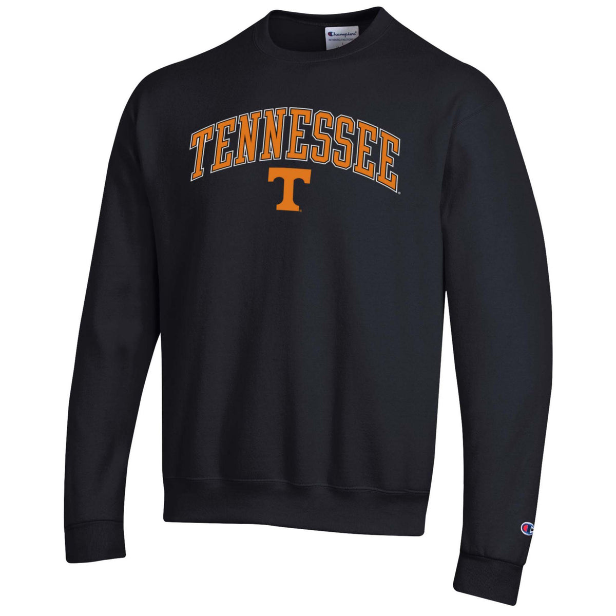 Black Champion crewneck sweatshirt featuring orange “Tennessee” text arched above the Power T logo on the front, shown facing forward.