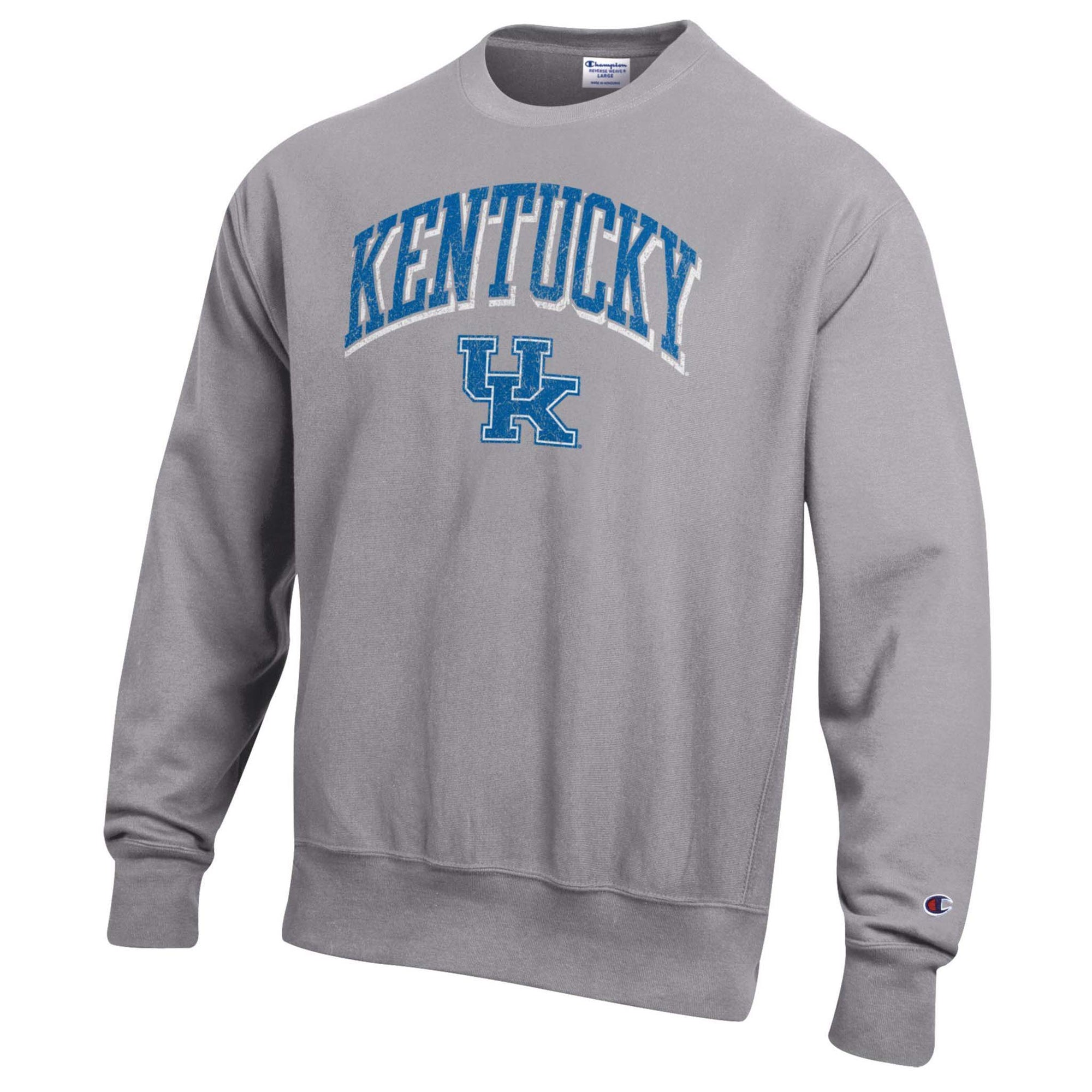 Gray Champion crewneck sweatshirt featuring large blue “Kentucky” text arched over the UK logo on the front, shown facing forward.