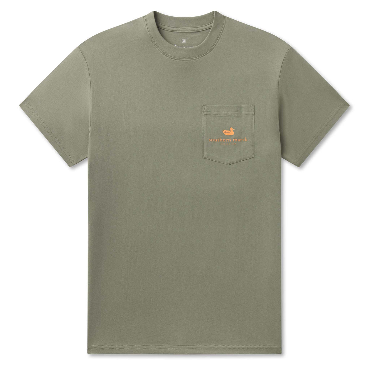 Green t-shirt with a small logo on a white background