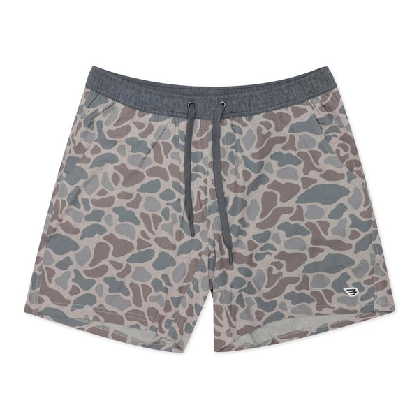 Flat lay image of deer camo athletic shorts.