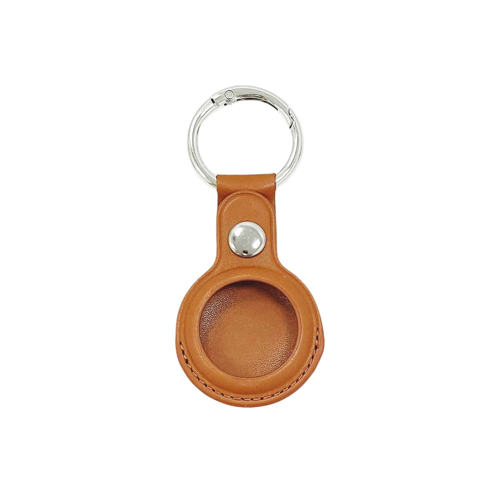 Queens Designs AirTag holder keychain, color Tan, made from synthetic leather material, featuring a sleek, compact design with a secure snap closure and a metal keyring for easy attachment to bags, keys, or luggage.