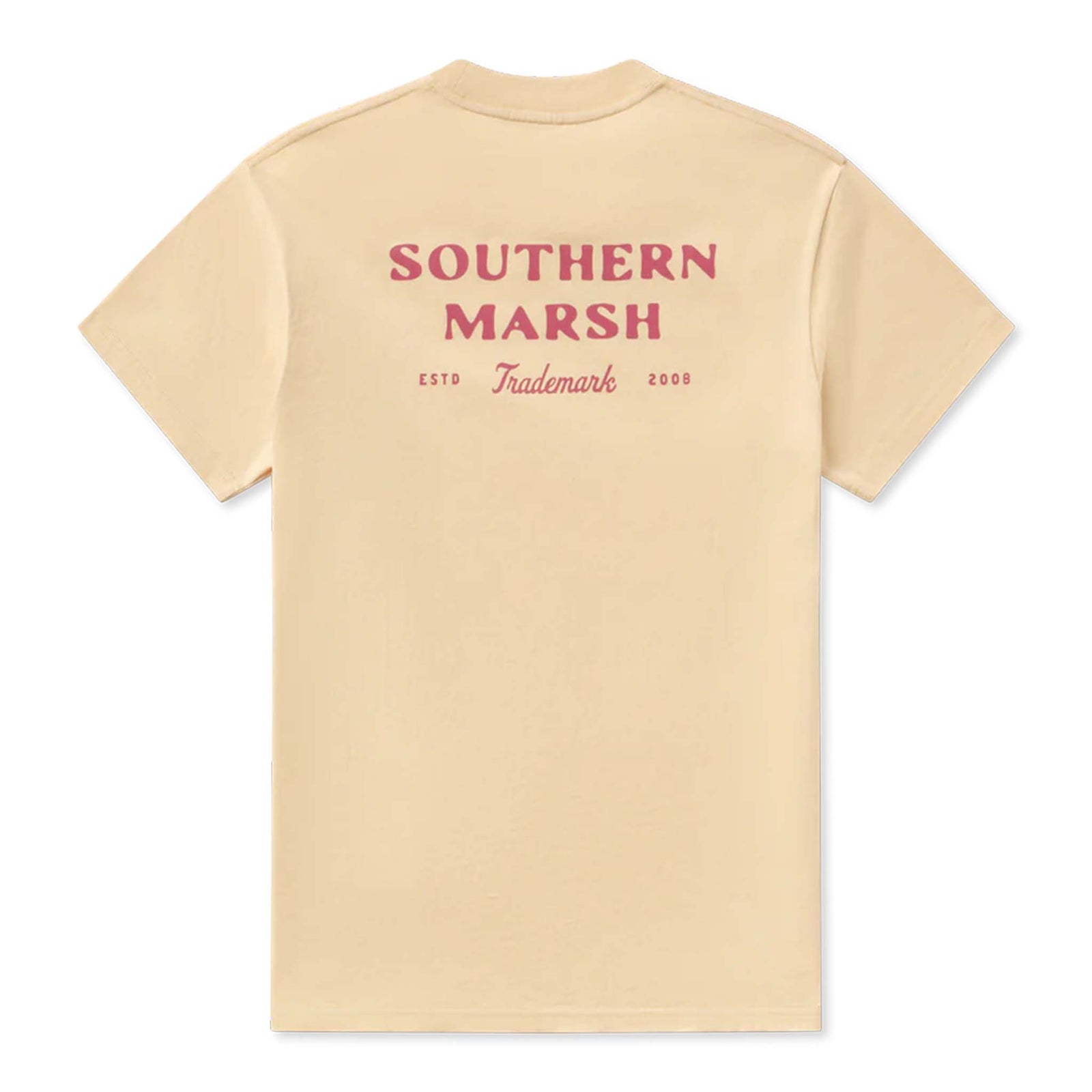 Flat lay of the back of a light tan Southern Marsh t-shirt with large red text and “Trademark ESTD 2008” design.