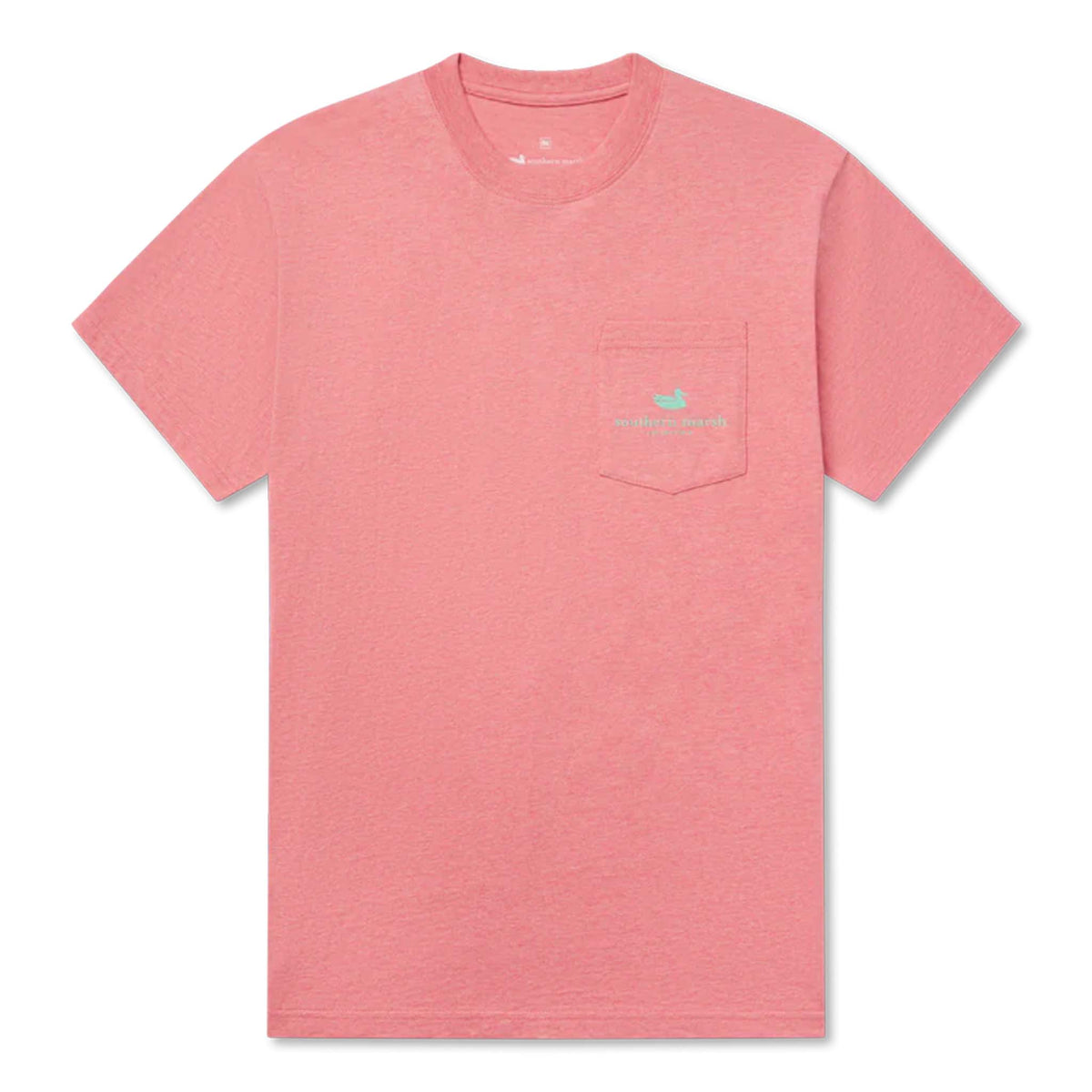 Flat lay of a washed rhubarb pink Southern Marsh t-shirt showing front with small teal duck logo and text on chest pocket.