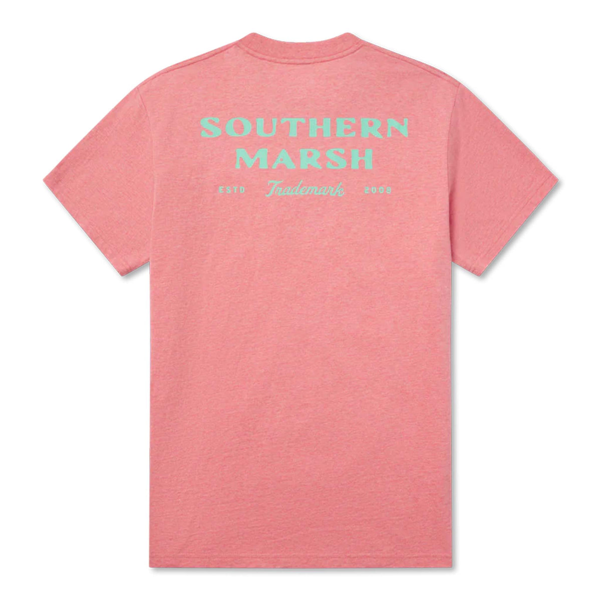 Flat lay of the back of a washed rhubarb pink Southern Marsh t-shirt with large teal text and “Trademark ESTD 2008” design.