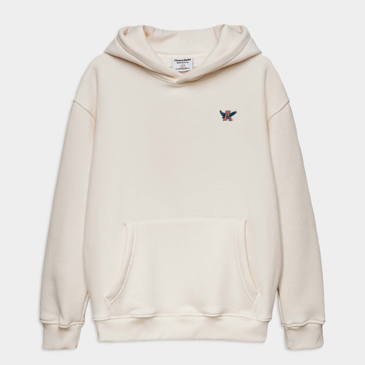 Beige hoodie with a small embroidered design on a white background